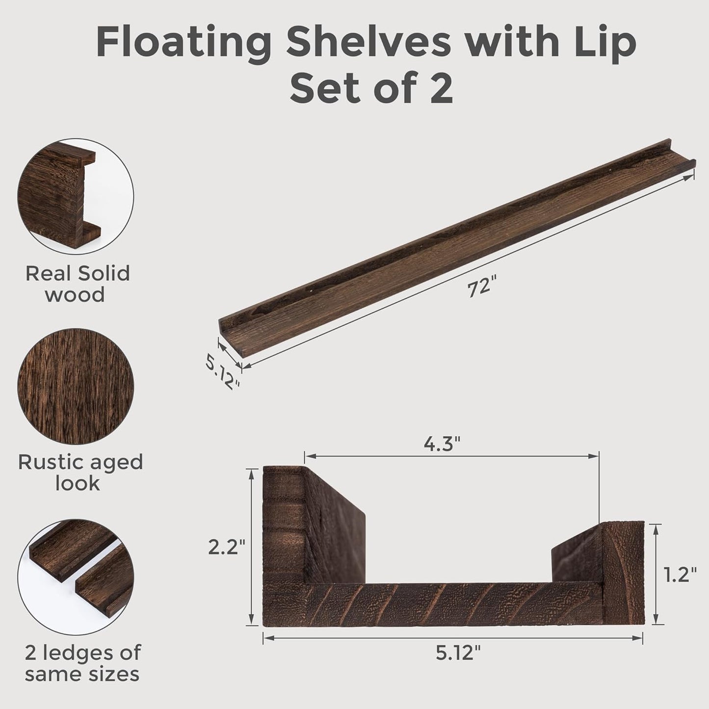 Fun Memories Long Floating Shelves for Wall 72 Inch, Natural Wood Long Picture Shelves Photo Shelf with Ledge Set of 2, Rustic Floating Shelf with Lip for Home Storage