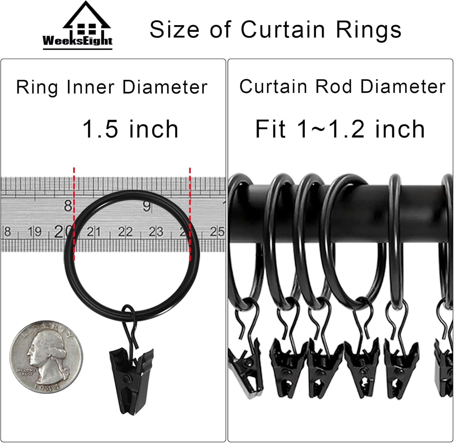 40 Pack Black Curtain Rings with Clips, Curtain Hooks Hangers Clip Rings for Hanging Drapes Bows Hat, Drapery Rings 1.5 in I D, Fits up to 1.2 in Diameter Curtain Rod.
