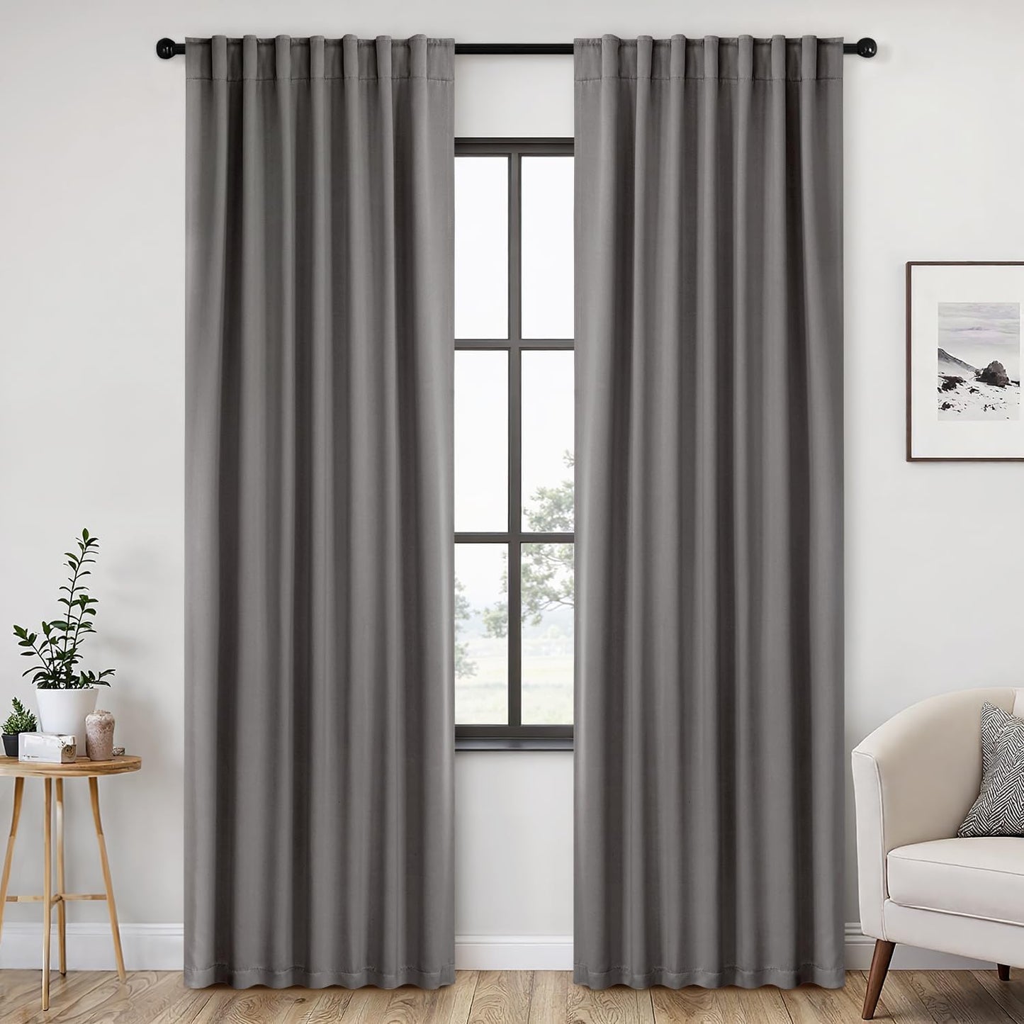 ANRODUO Back Tab Blackout Curtains for Bedroom Living Room, Rod Pocket Pinch Pleated Thermal Insulated Room Darkening Curtains 84 Inches Long 2 Panels, Grey, 52 x 84 Inch
