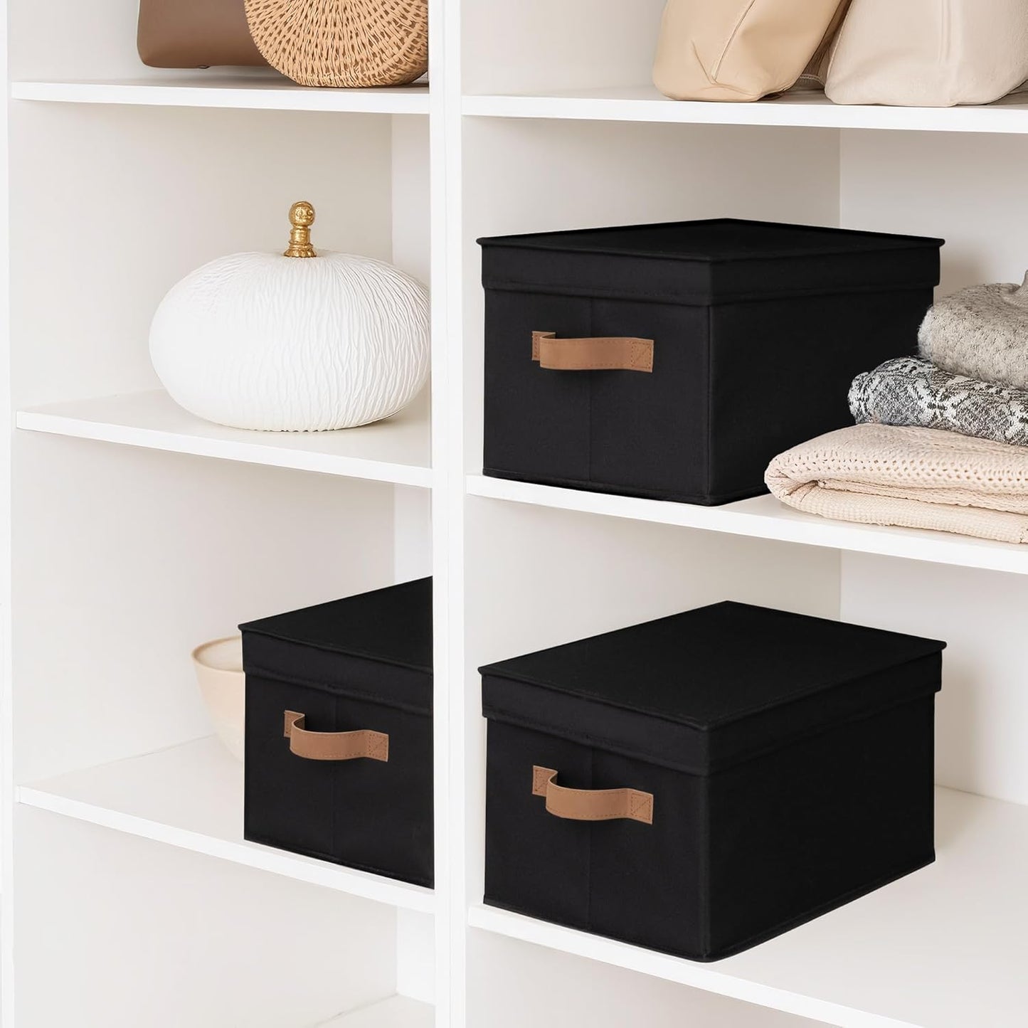 StorageWorks Large Storage Bins with Lids, Decorative Storage Boxes with Lid and PU Handles, Foldable Storage Baskets for Closet, Shelves, Stackable, Black, 3-Pack