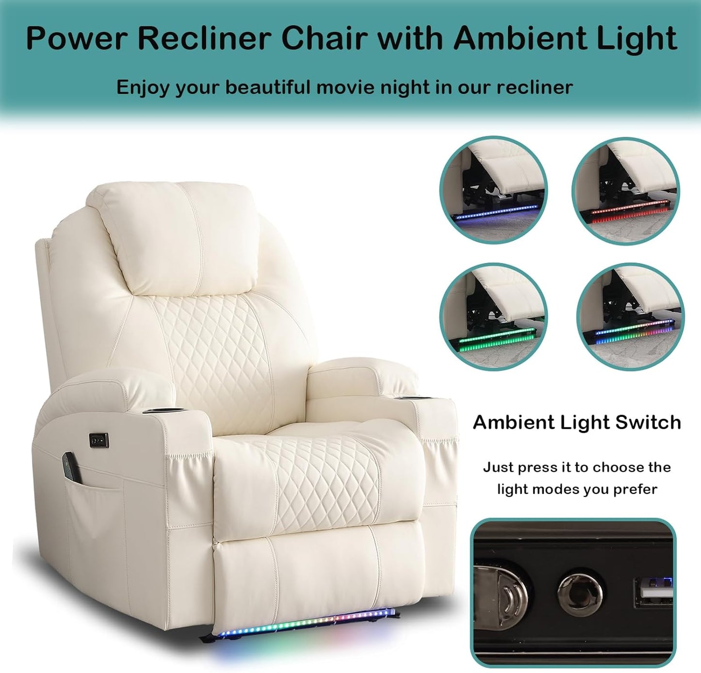 Power Recliner Chair with Heat and Massage for Adults - Home Theater Seating with LED Lights,Cup Holders,Side Pocket,USB Port - Recliner Sofa for Living Room (Beige, Set of 2)