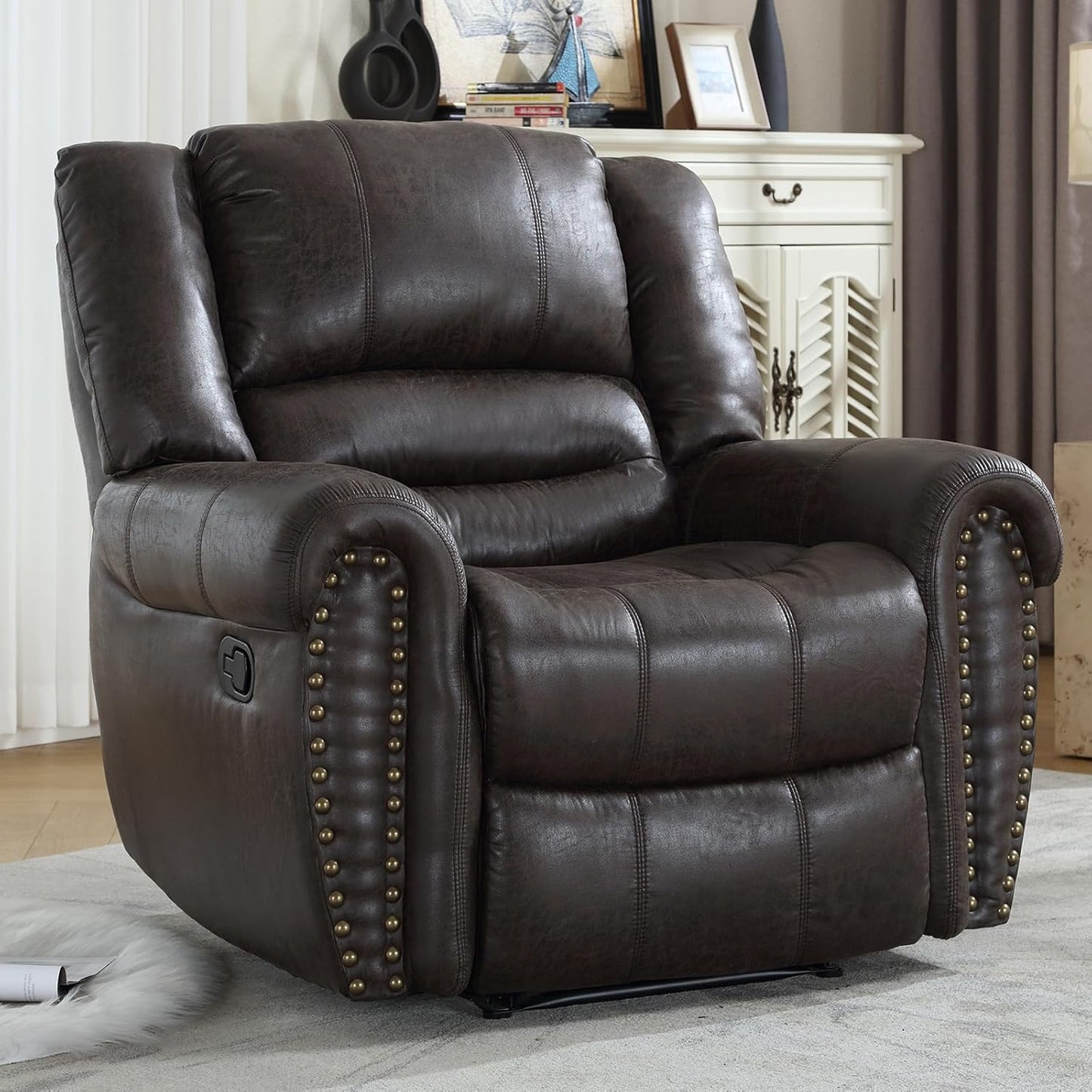 CANMOV Leather Recliner Chair, Classic and Traditional Manual Recliner Chair with Comfortable Arms and Back Single Sofa for Living Room, Dark Grey