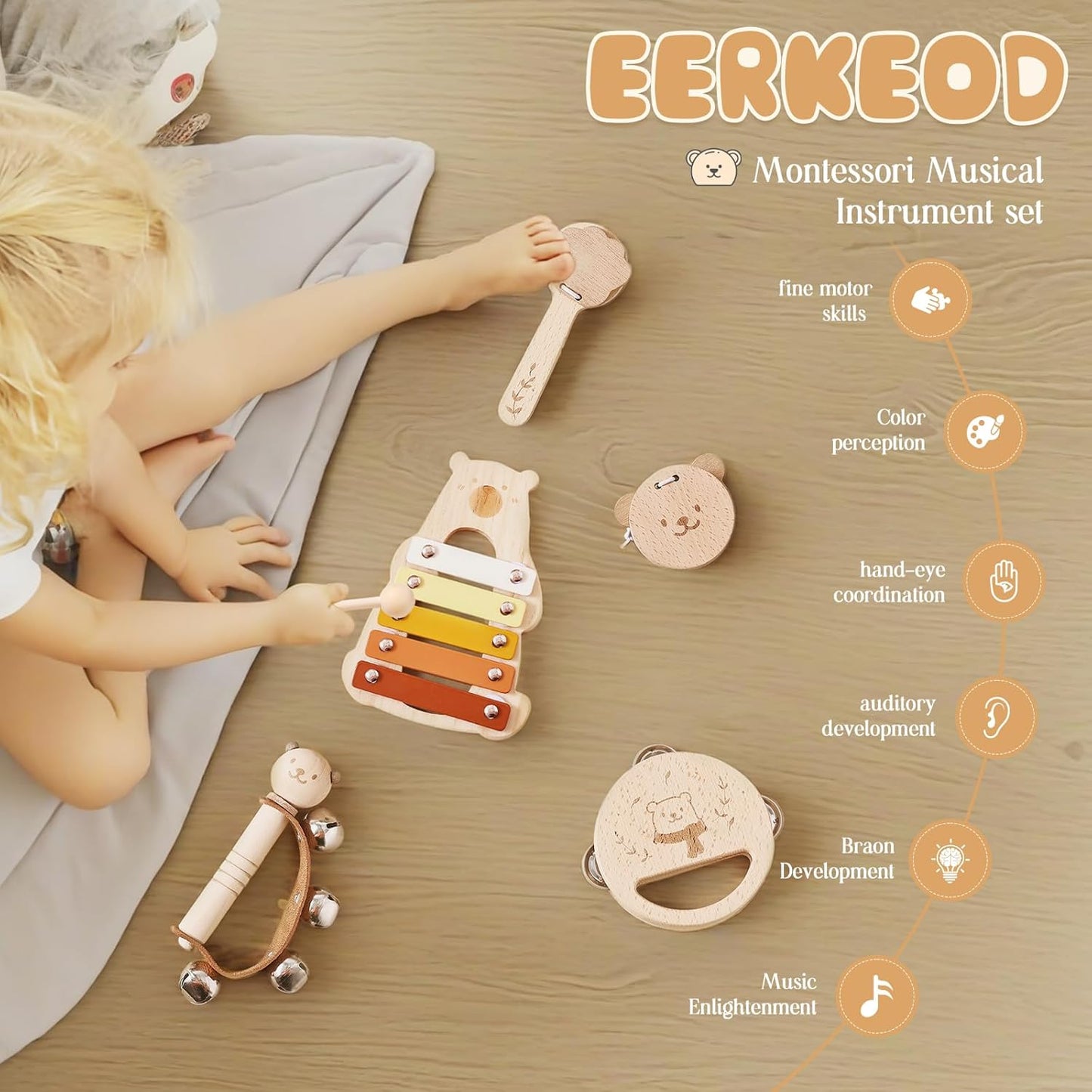 EERKEOD Toddlers Montessori Wooden Toys Percussion Musical Instruments with Xylophone Set for Girls Boys Kids Preschool Educational Toys