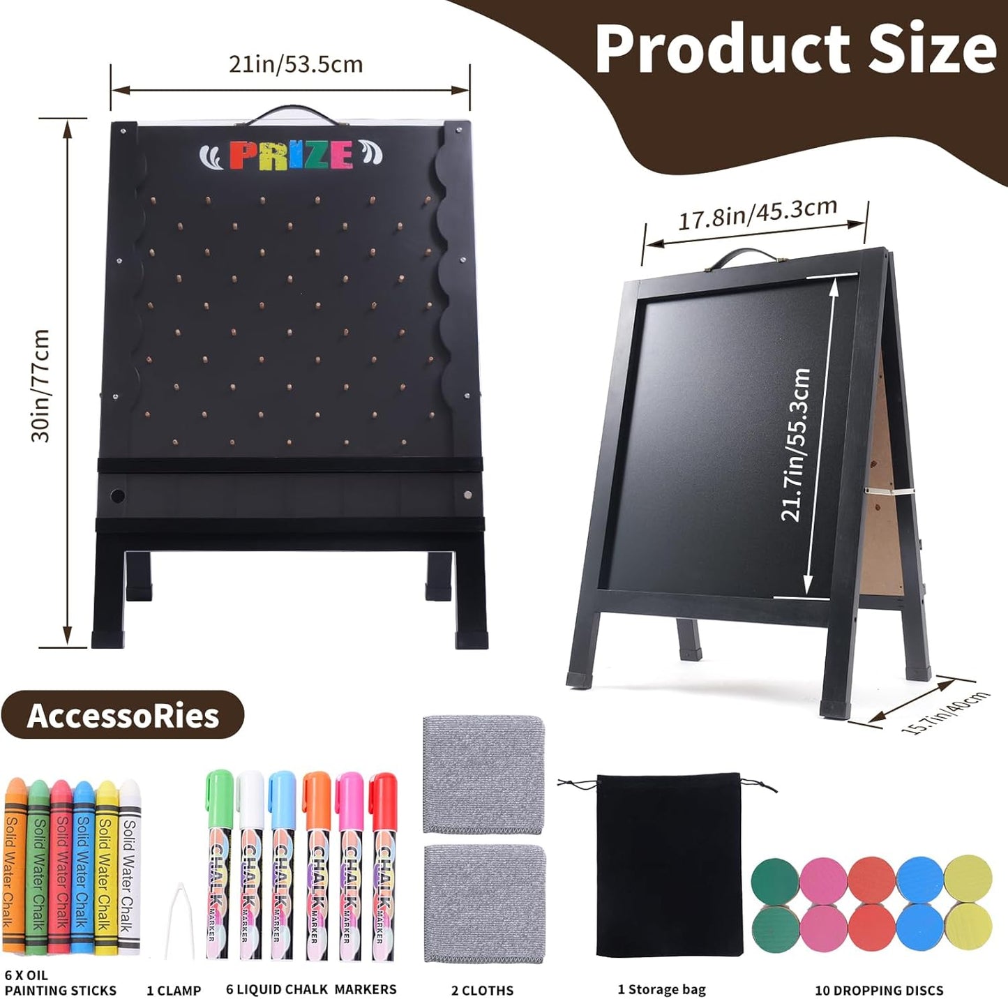 Prize Drop Game Board, 21"x30" Double-Sided Foldable Design with Wooden A-Frame Chalkboard Sign for Family, Carnival, Trade Show & Party - Includes 10 Coin Drop Discs and Chalk Set, Portable Design