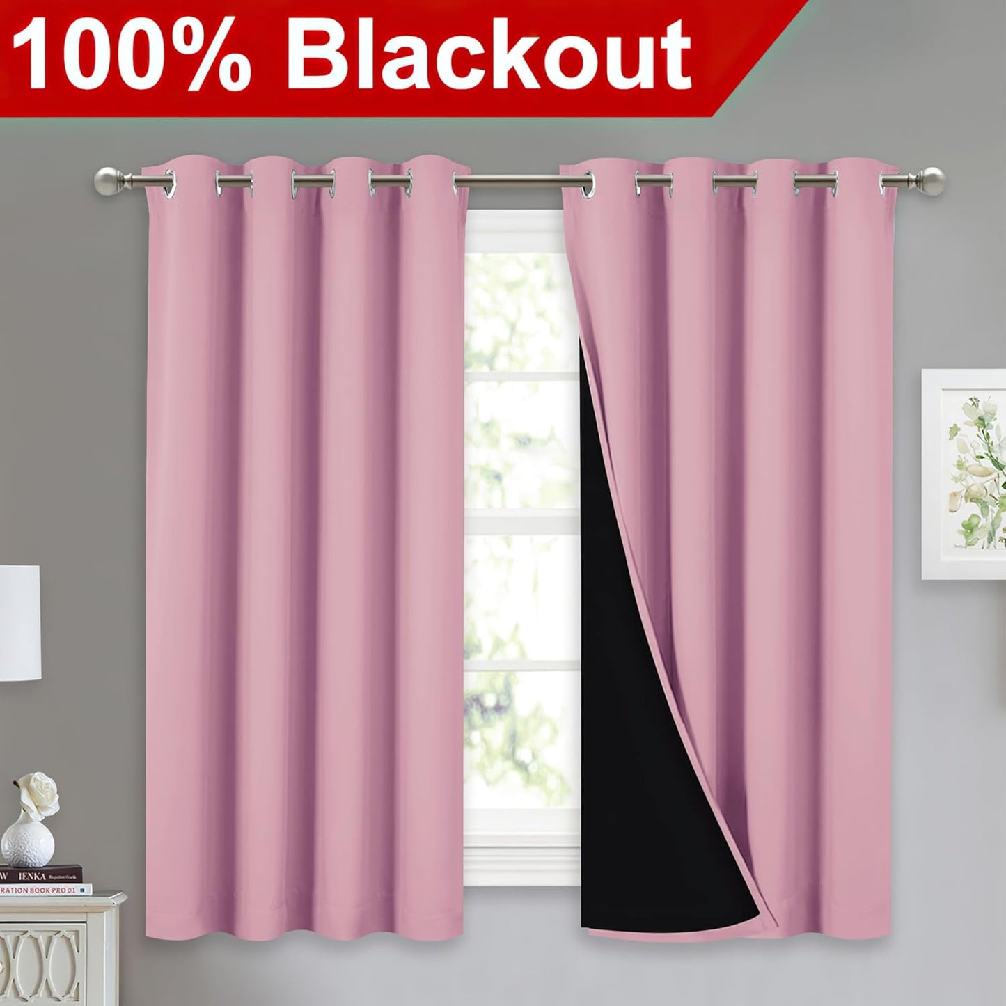 NICETOWN 100% Blackout Curtains with Black Liners, Thermal Insulated Full Blackout 2-Layer Lined Drapes, Noise Cancellation Window Draperies for Dining Room (Crystal Pink, 2 Panels, 52" W by 54" L)