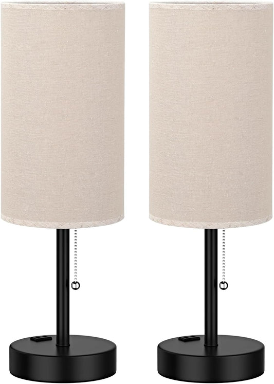 Plus Beige Bedside Table Lamps Set of 2-3 Color Temperatures Pull Chain Lamp with AC Outlet Charging Port, Two Round Night Stand Lamps for Bedroom Guest Room Office, Bed Side Light
