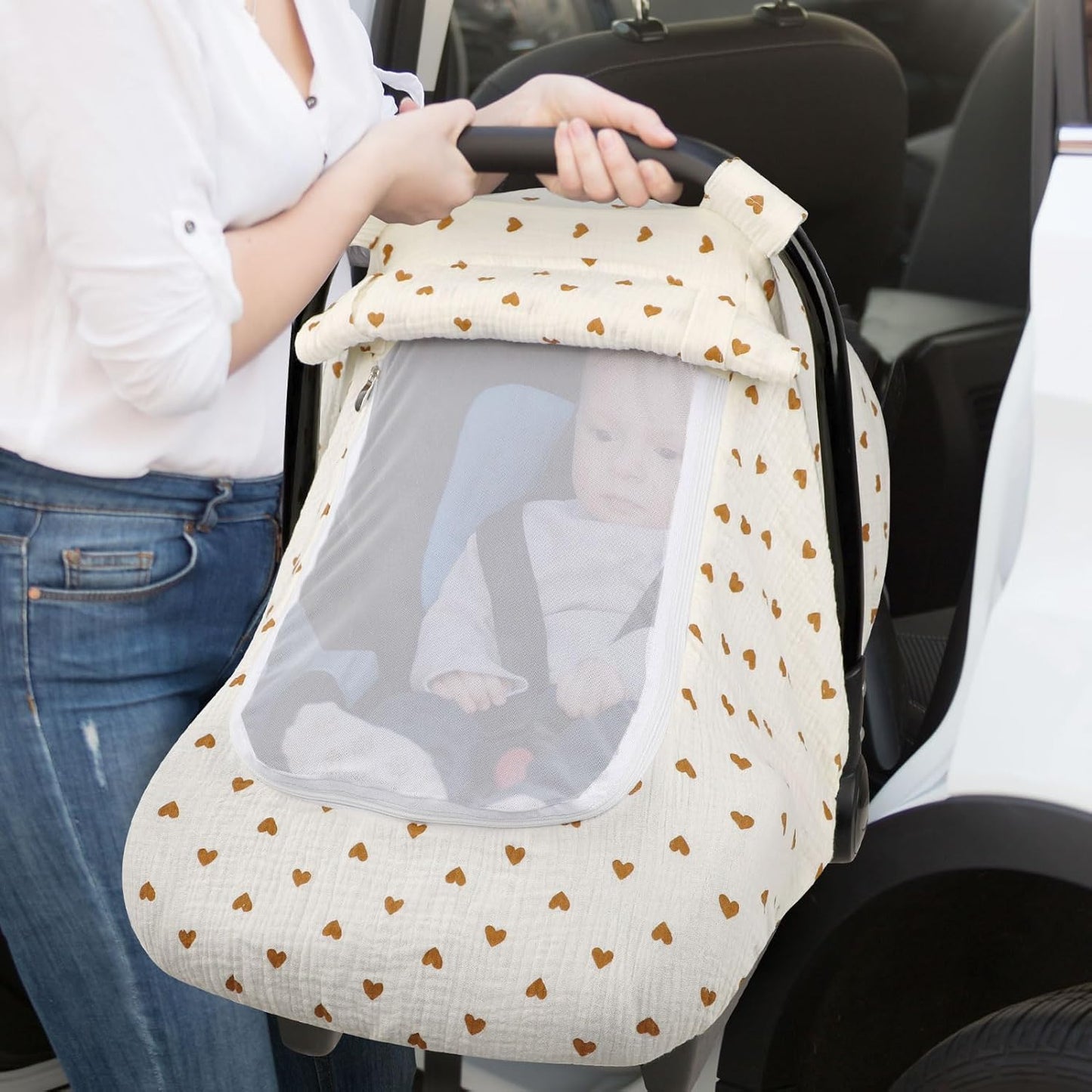 Hooyax Muslin Car Seat Cover Baby, Summer Car Seat Covers for Babies, Infants, and Newborns, Ultra Soft Breathable Universal Fit Stroller Carseat Canopy Covers for Boys Girls (Heart)