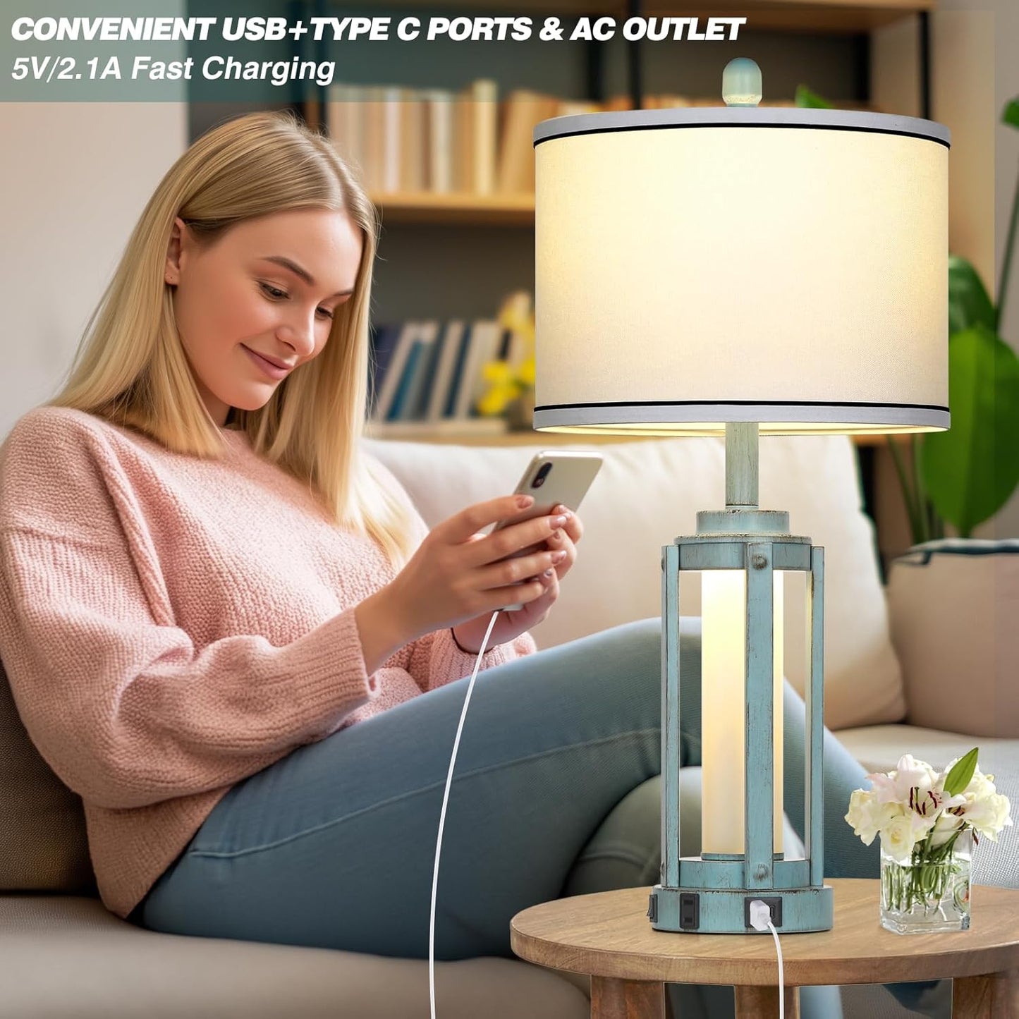 Farmhouse Lamps Set of 2, 26" Vintage Rustic Industrial Beside Lamps with USB A+C Charging Ports & AC Outlet, Nightstand Metal Lamp with LED Night Light & Fabric Shade for Living Room Bedrooms Blue