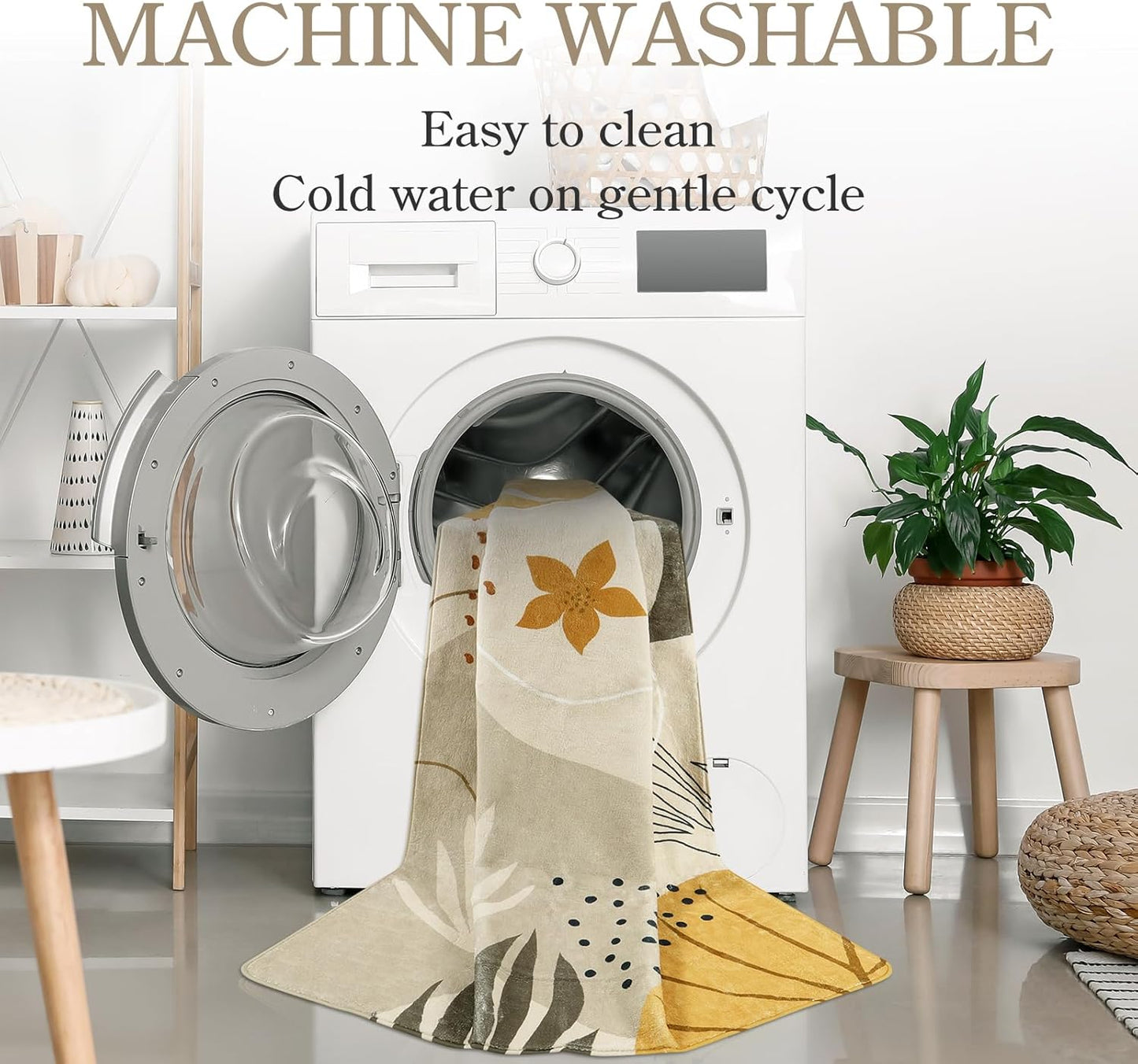 LLahome Boho 3x5 Washable Area Rug - Small Non-Slip Low-Profile Soft Rugs for Bedroom Living Room, Ultra-Thin Botanical Print Indoor Modern Carpet for Entryway Laundry Room Kitchen Office, Tan