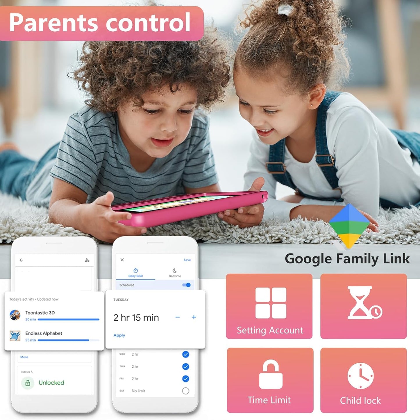 Tablet for Kids Age 3-12 10.1 inch Android 14 6000mAh 8GB RAM+64GB ROM(Expandable to 1TB Kids Tablet WiFi6 Google Kids Space Parental Control 1280 * 800 HD Screen (Pink)