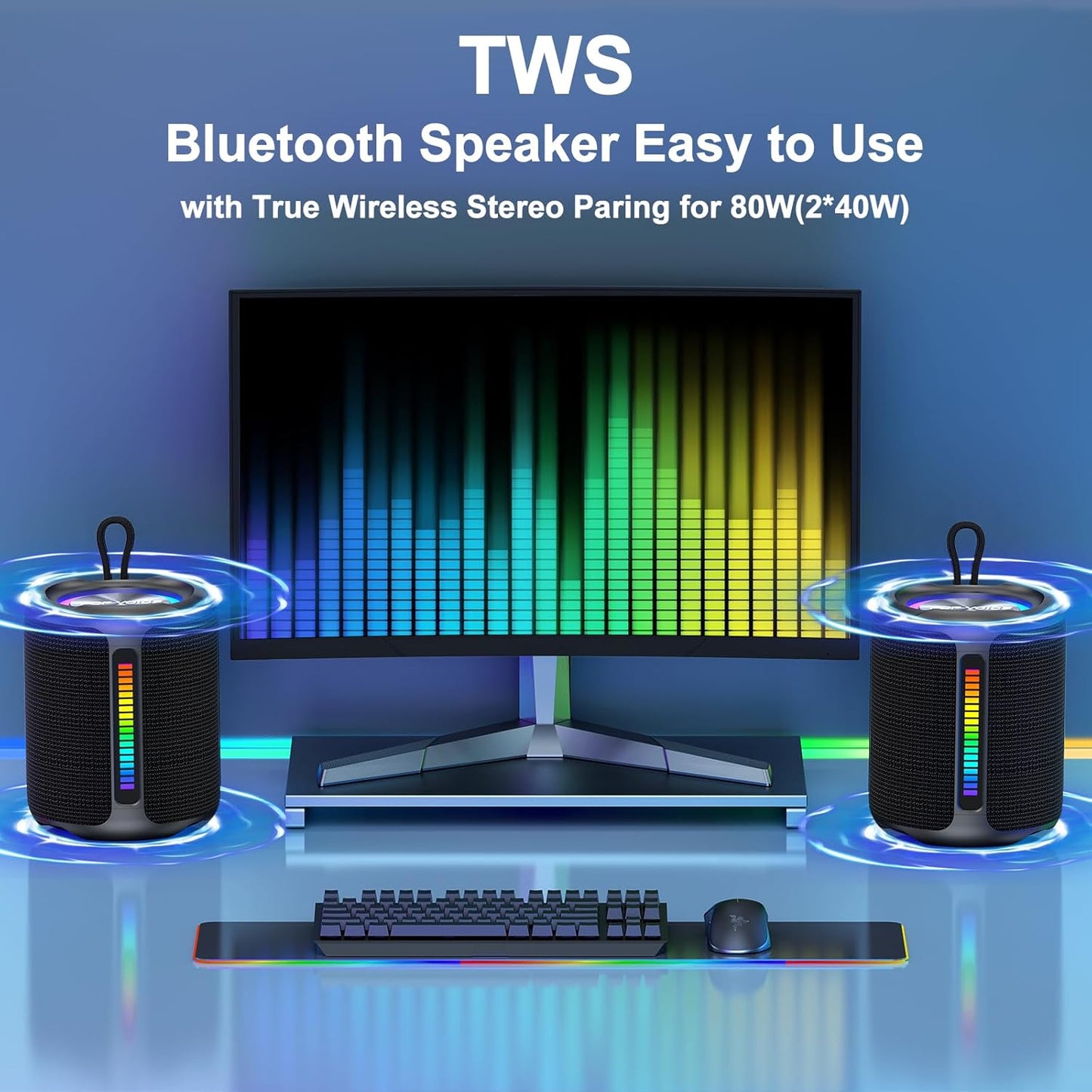 PoP voice Portable Wireless Bluetooth Speaker,40W(50W) Peak Stereo Sound Shower Speaker,IPX7 Waterproof Speaker with Deep Bass,RGB Light,Preset EQ,TWS,for Home/Camping/Gifts, BT5.3 Speaker,Up to 24H