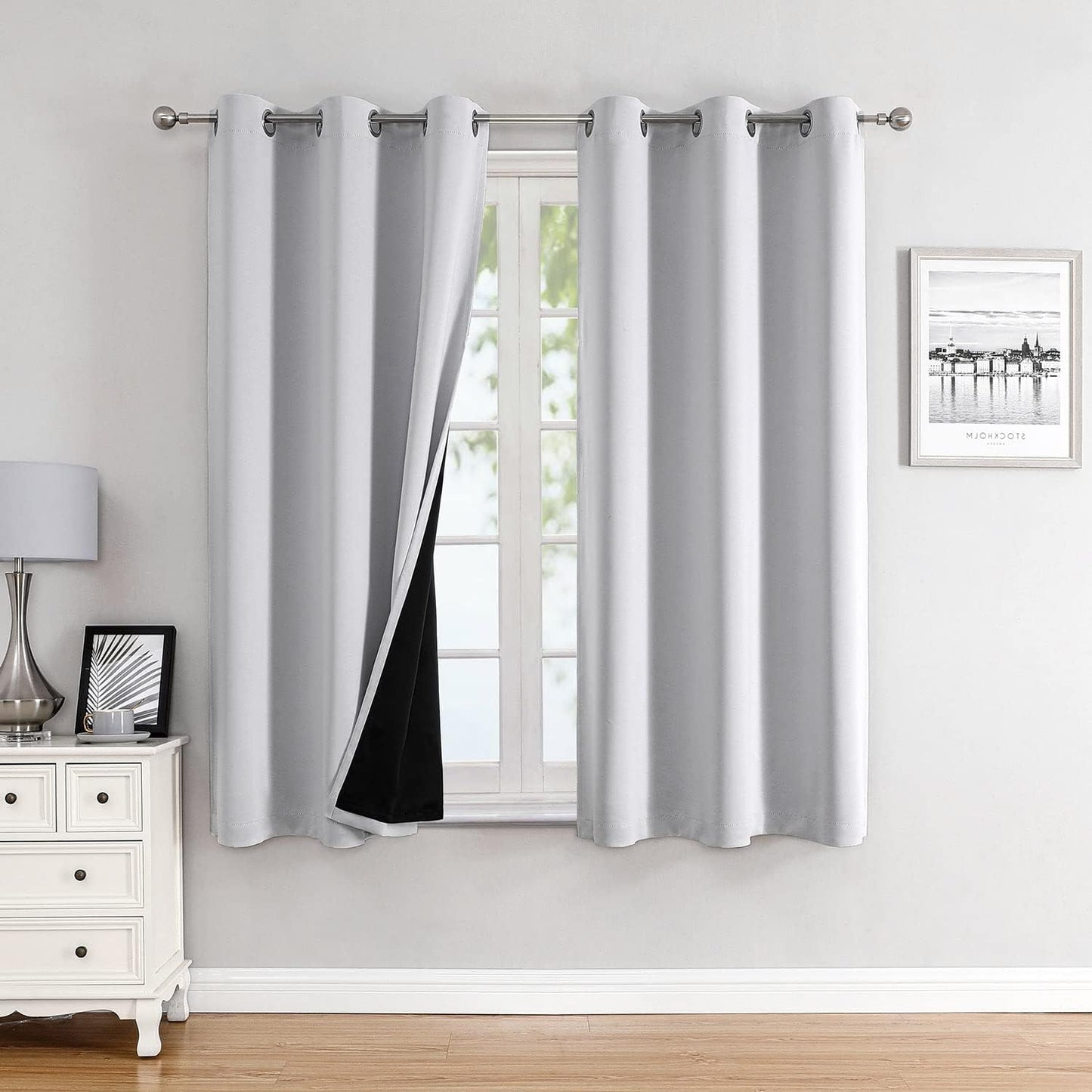 ChrisDowa 100% Blackout Curtains for Bedroom with Black Liner, 2 Thick Layers Total Blackout Thermal Insulated Grommet Small Window Curtains 2 Panels Set (Greyish White, 42 x 45 Inch)