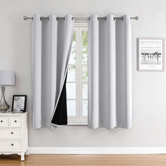 ChrisDowa 100% Blackout Curtains for Bedroom with Black Liner, 2 Thick Layers Total Blackout Thermal Insulated Grommet Small Window Curtains 2 Panels Set (Greyish White, 42 x 45 Inch)