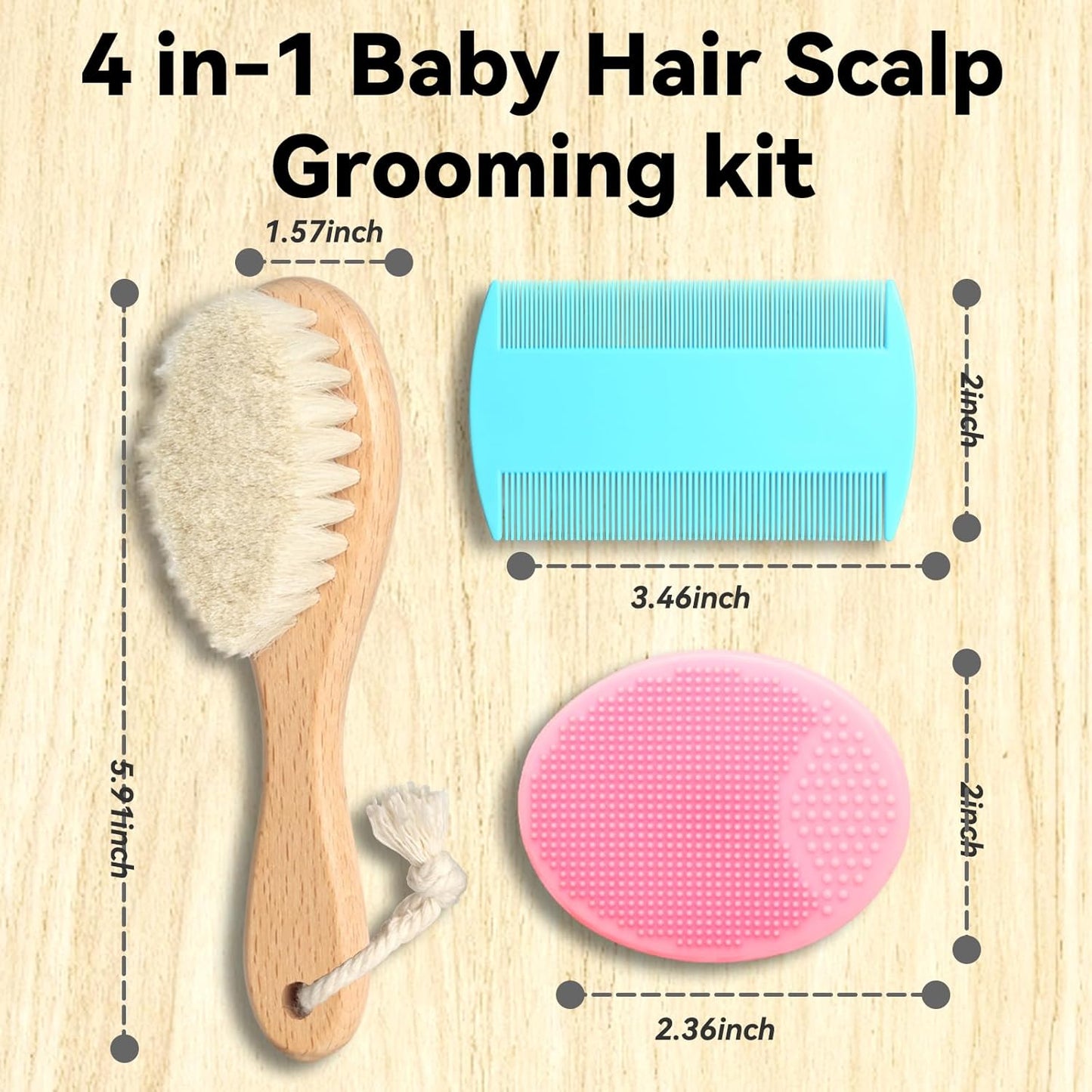 Goat Baby Hair Brush Set, 2pcs Wooden Soft Bristles Brush with Comb and Pink Silicone Bath Brush for Newborns Toddlers Safe Natural Hair Care Kit