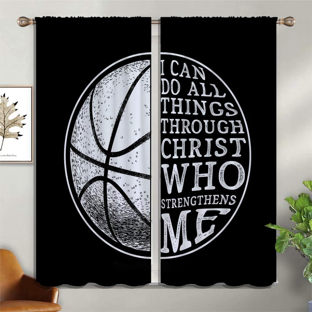 Basketball Blackout Curtains for Boy Girl Room Darkening Decor,Sport Theme and White Motto Dark Background Bedroom Living Room Home Rod Pocket Thermal Insulated Window Curtain/Drapes Panel,84x63 Inch…