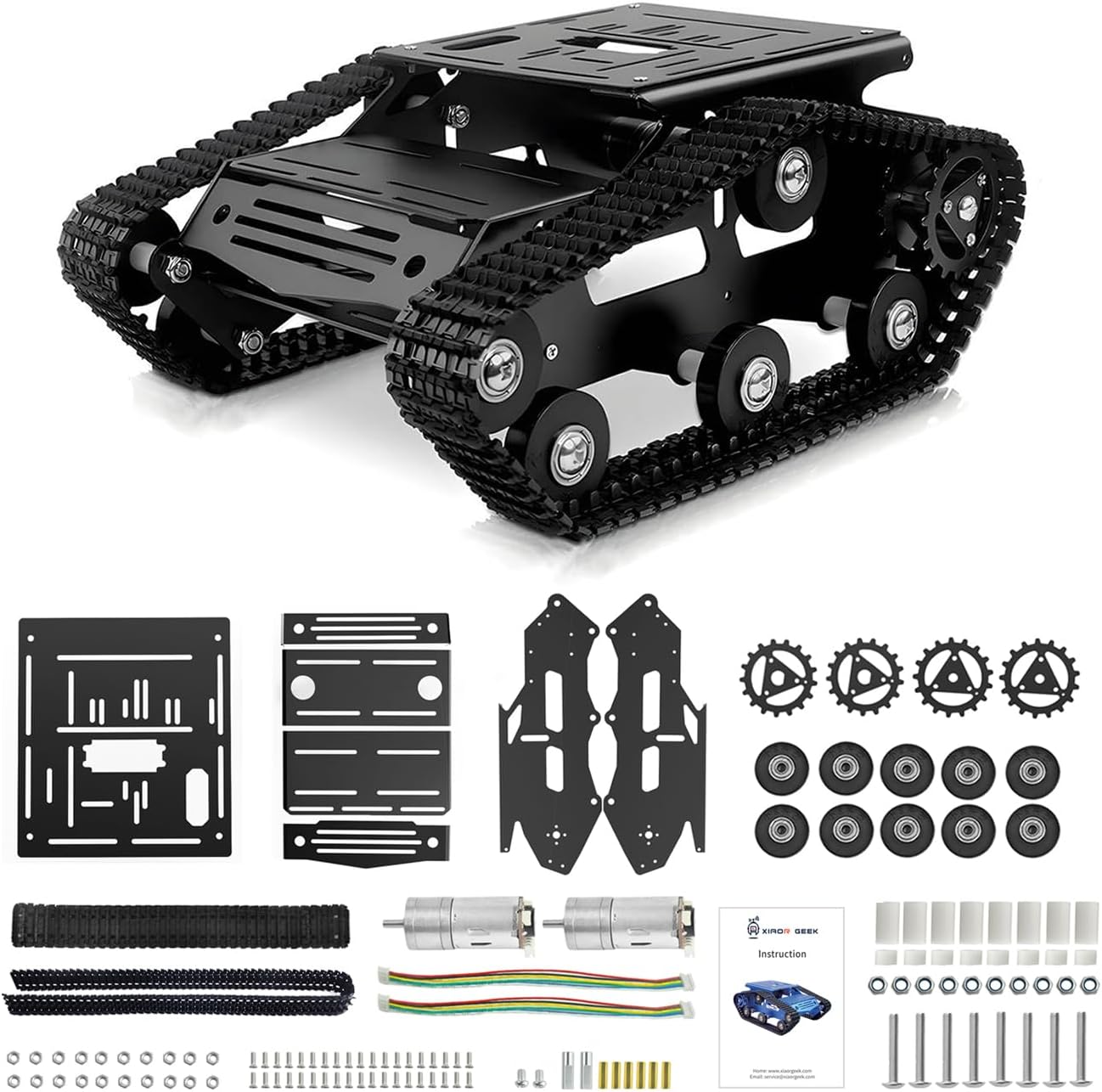 Tank Car Chassis with Motor, Shock Absorbing Robot Chassis Full-Metal Robotic Moving Platform Track Chassis for RaspberryPi Arduino DIY Maker Smart Robot Car Chassis Kit (Black, With Encoder motor)