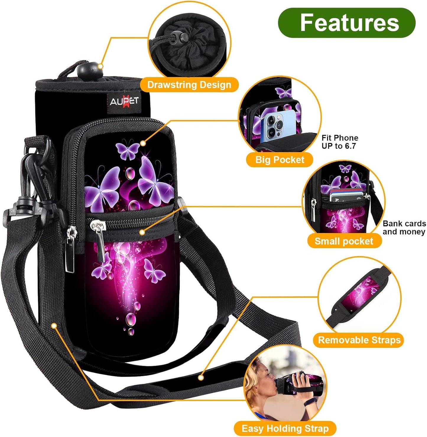 AUPET Water Bottle Sling Bag Sleeve Holder Carrier 25/32/40/64 oz,Insulated Crossbody Water Bottle Case Cover with Strap and Pockets for Men/Women Walking Hiking