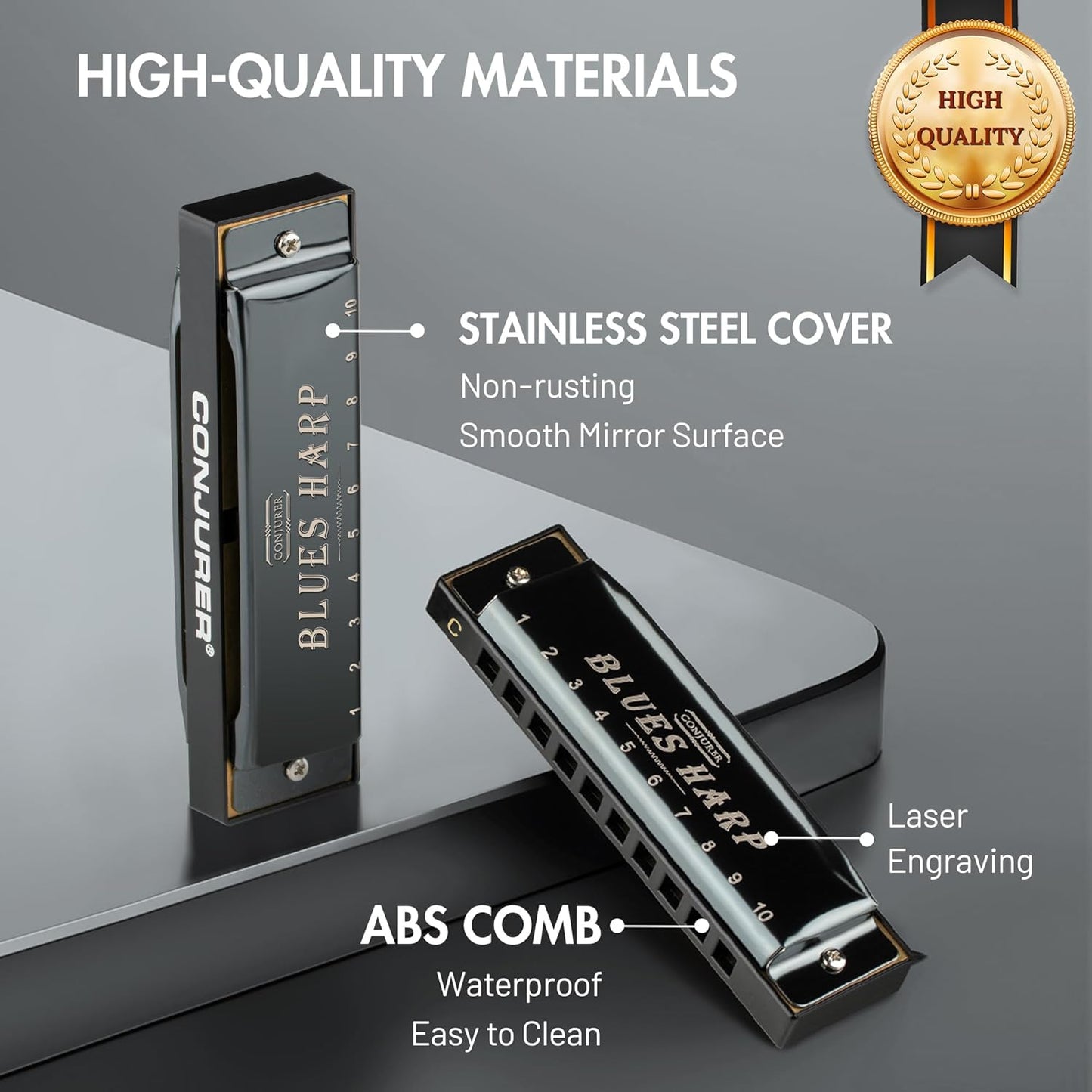 CONJURER Blues Harmonica for Beginners & Kids, 10 Hole C Key Diatonic Blues Harp with Stainless Steel Cover & Phosphor Bronze Reeds, Professional Grade for Adults, Students, Gifts (Black C)