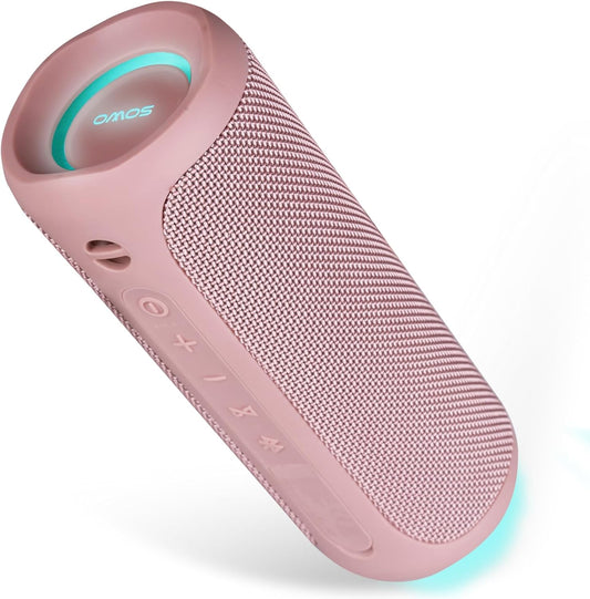 SOWO Outdoor Wireless Portable Bluetooth Speaker, IPX7 Waterproof Speaker, 25W Loud Sound, Bassboom Technology, TWS Pairing, 16H Playtime with Lights - Pink