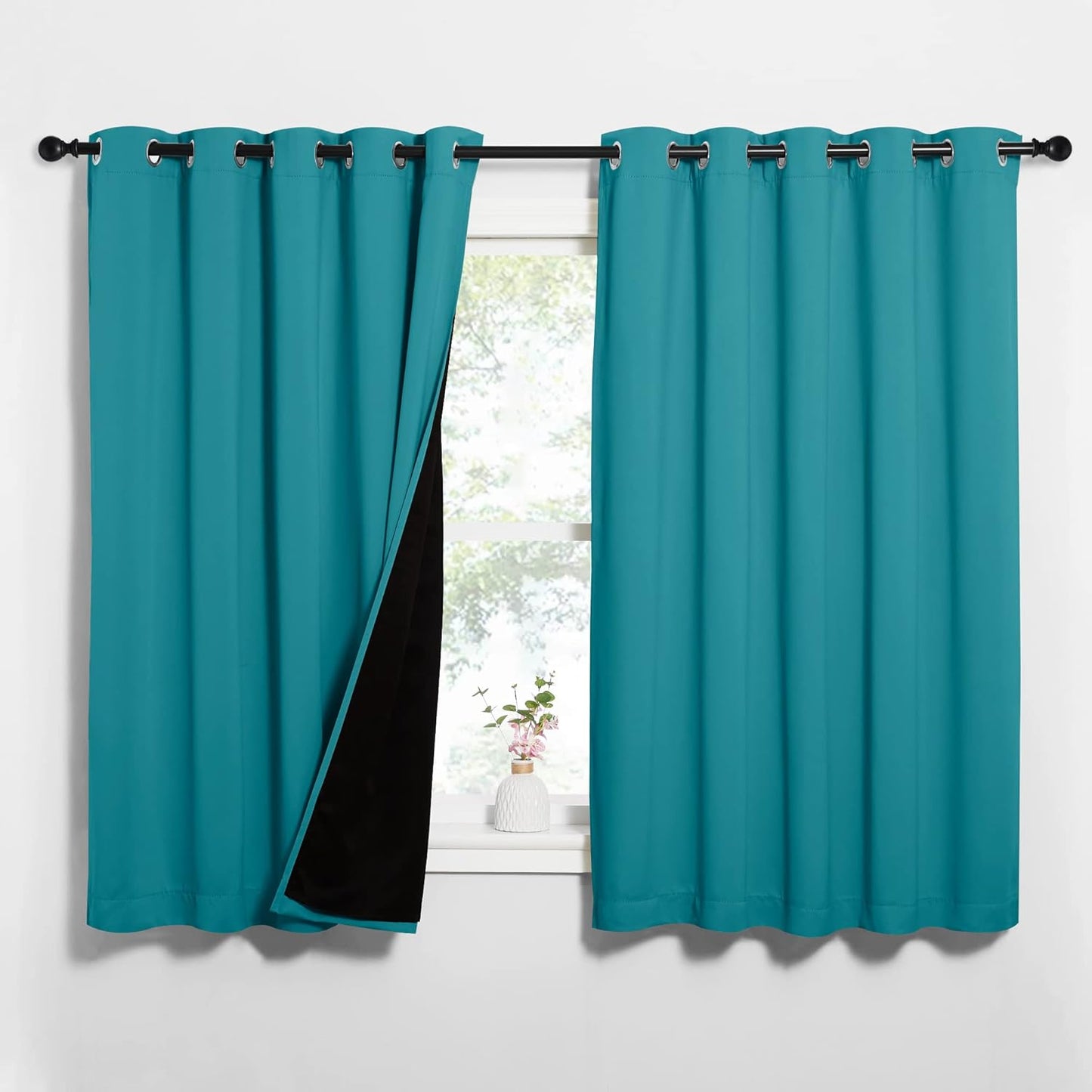 NICETOWN Peacock Teal 100% Blackout Lined Curtains, 2 Thick Layers Completely Blackout Window Treatment Thermal Insulated Drapes for Kitchen/Bedroom (1 Pair, 62" Width x 63" Length Each Panel)