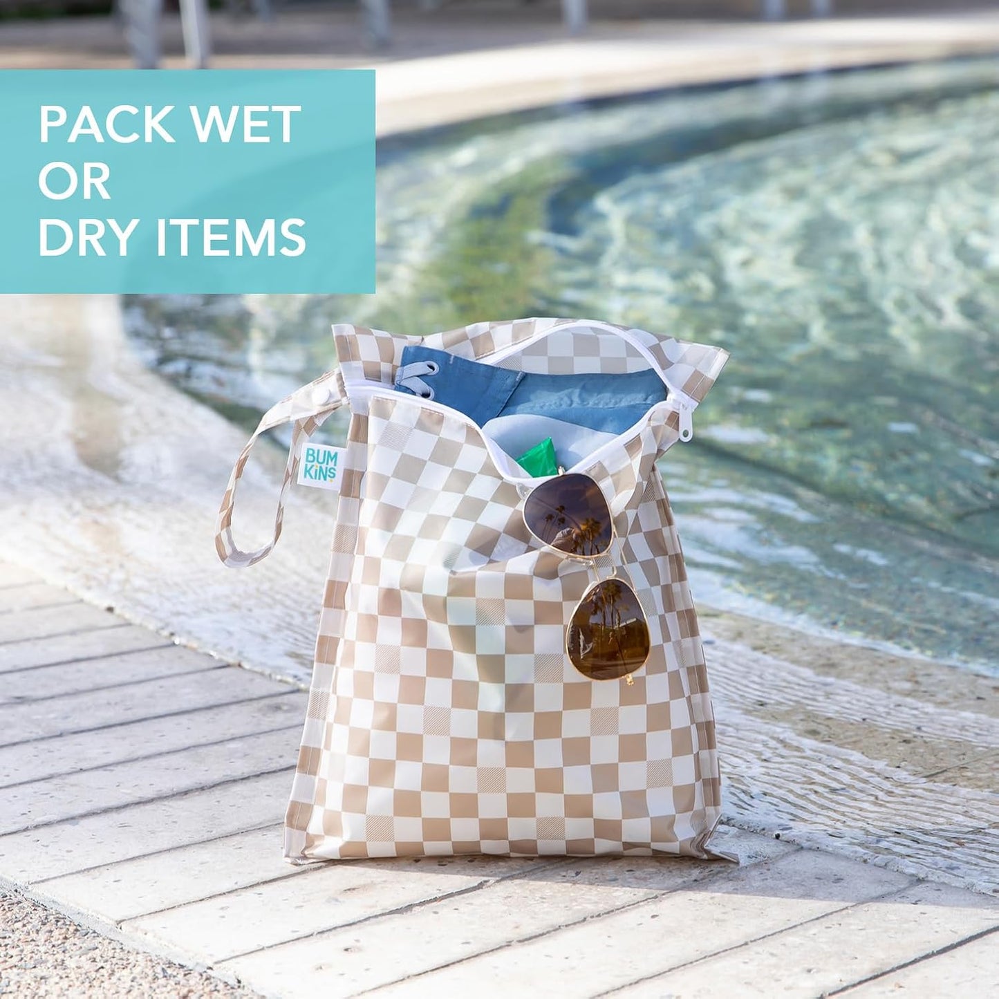 Bumkins - Waterproof Wet Bag - For Baby, Travel, Swim Suit, Cloth Diapers, Pump Parts, Pool, Gym, Toiletry, Strap to Stroller - Reusable & Easy to Clean - 2pk - Beige & Black Check