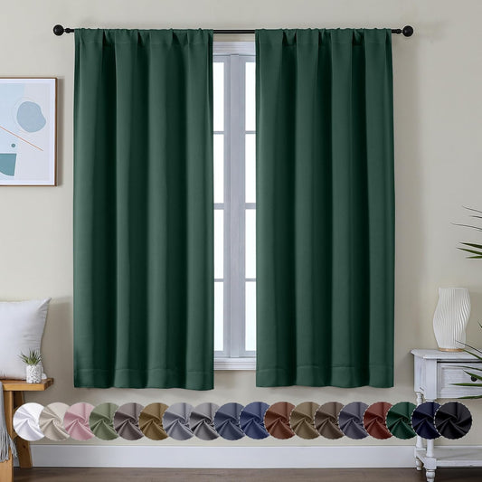 Simplebrand Ava Ever Green Blackout Curtains for Bedroom 63 Inch Length 2 Panels Set, Thermal Insulated Energy Saving Rod Pocket Window Treatment Curtains Blackout Drapes, W40 x L63 Inch, Ever Green