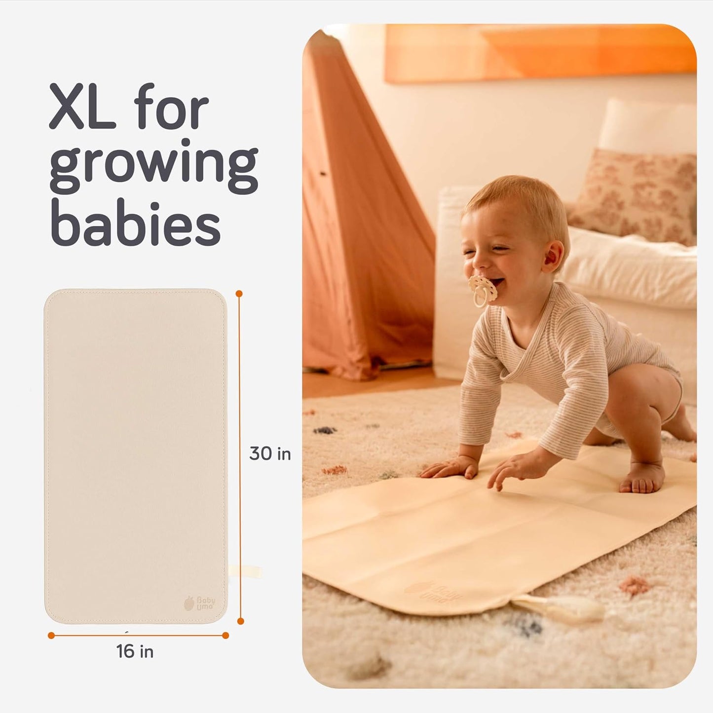 Baby Uma Vegan Leather Baby Changing Mat - Waterproof & Wipeable Changing Pad, XL for Growing Babies, Non-Toxic, Lead-Free & Phthalate-Free, Folds up for Easy Transport, 30″ x 16″ (Ivory)