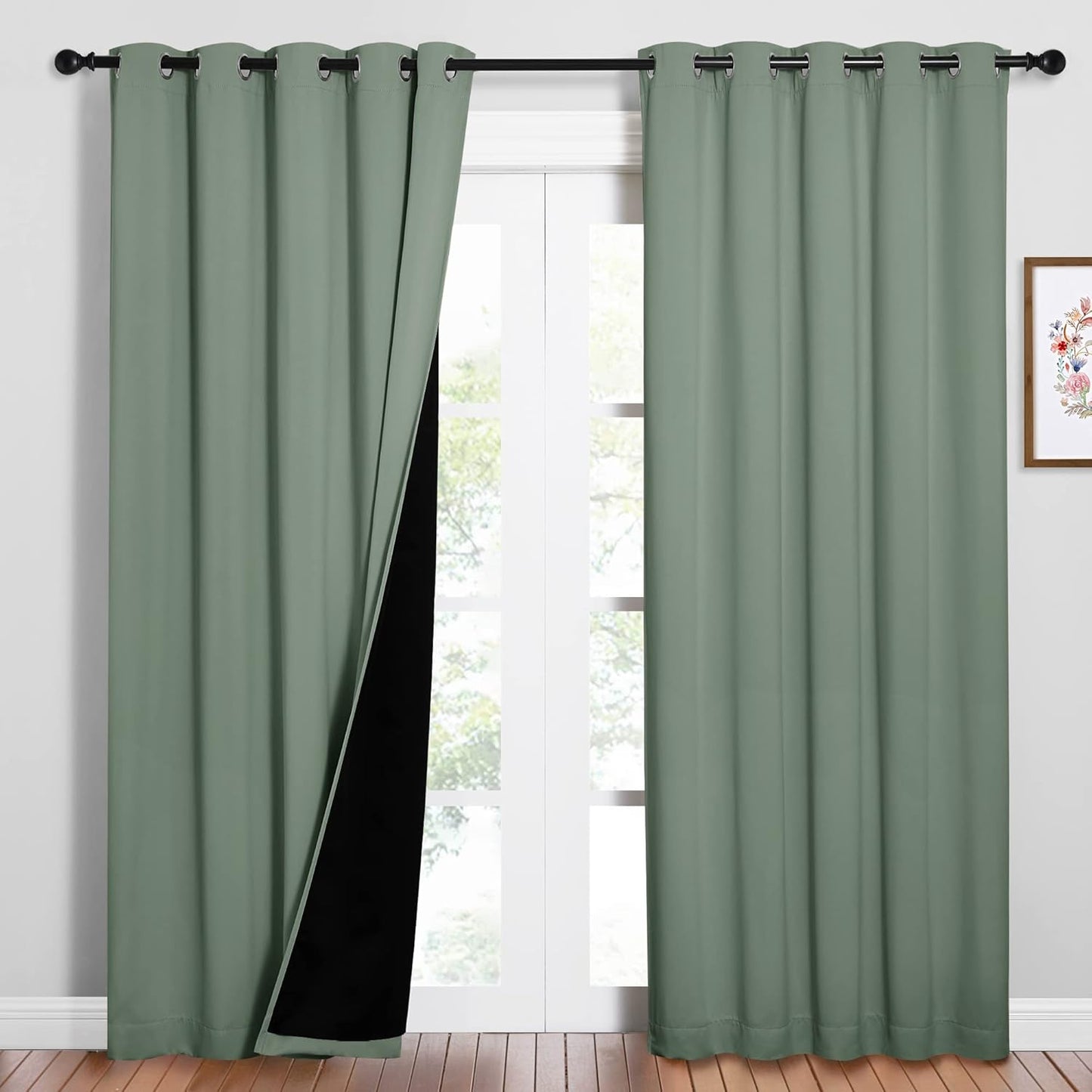 NICETOWN 100% Blackout Window Curtain Panels, Cold and Full Light Blocking Drapes with Black Liner for Nursery, 84 inches Drop Thermal Insulated Draperies (Greyish Green, 2 PCs, 62" Wide Each Panel)