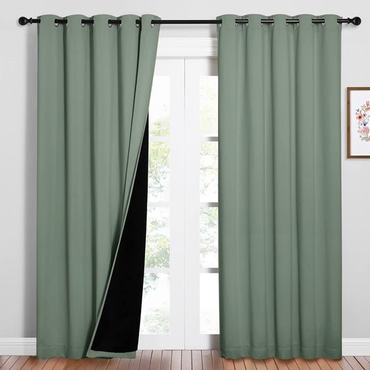 NICETOWN 100% Blackout Window Curtain Panels, Cold and Full Light Blocking Drapes with Black Liner for Nursery, 84 inches Drop Thermal Insulated Draperies (Greyish Green, 2 PCs, 62" Wide Each Panel)
