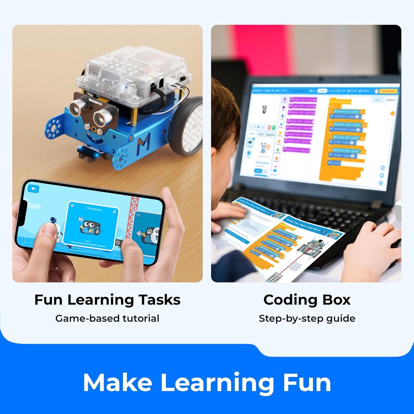 Makeblock mBot Robot Kit with Scratch Coding Box, STEM Projects for Kids Learn to Code with Scratch Arduino, Programmable Robot with 4 Programming Learning Projects, Gifts for Boys Girls Aged 8-12