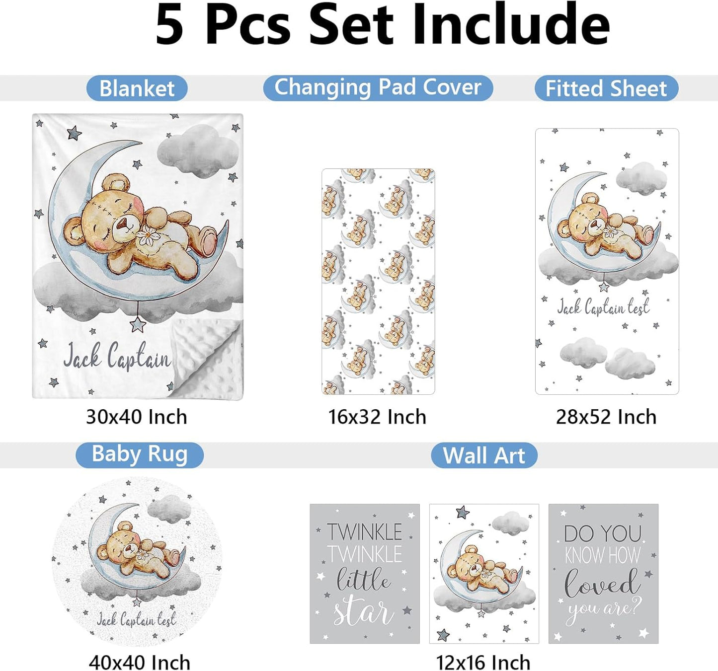 Personalized Crib Set, 5 Pcs Custom Baby Bedding with Name, Double Layer Nursery Bedding for Boy Girl, Soft Moon Bear Bedding Set, Gifts for Toddler, Infant, New Parents