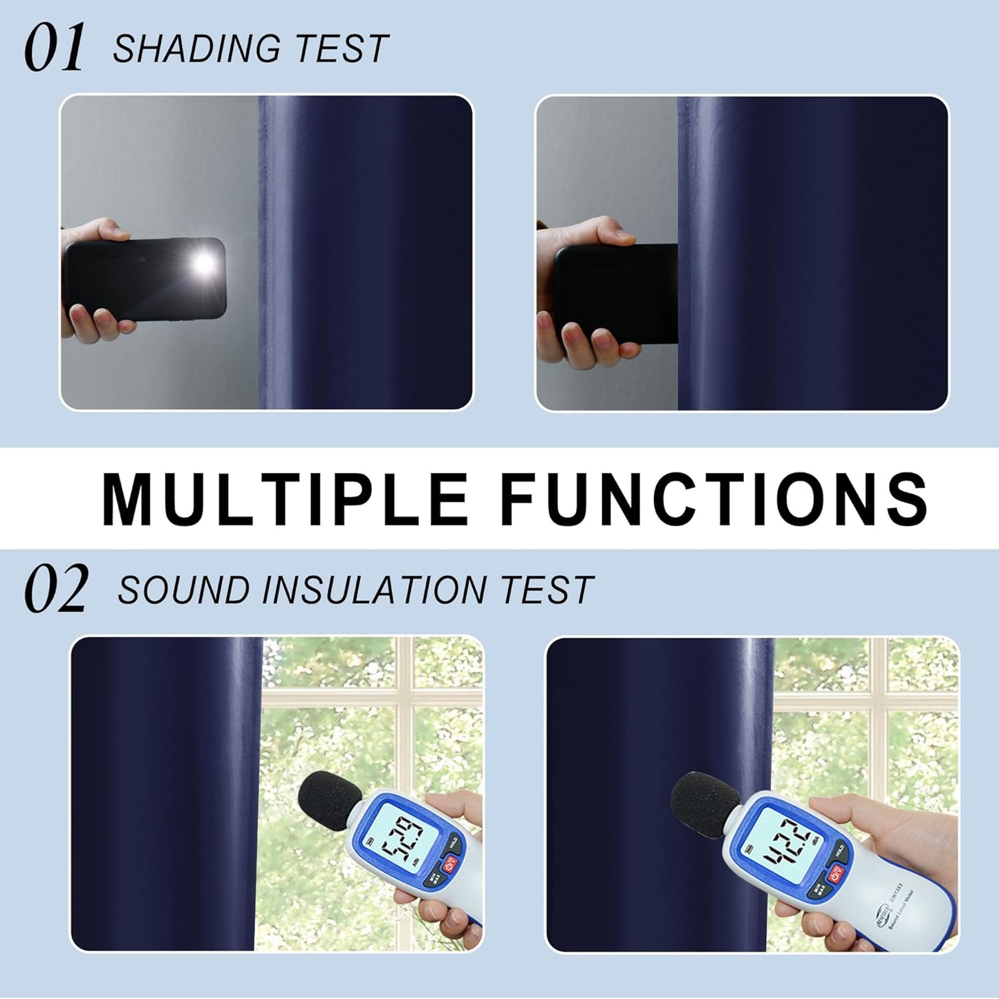 XWZO 100% Blackout Curtain Panels - Thermal Insulated Black Liner Rod Pocket Curtains, Noise Reducing Heat Blocking Drapes for Hall and Studio Windows with Tiebacks, Navy Blue, W42 x L45, Set of 2