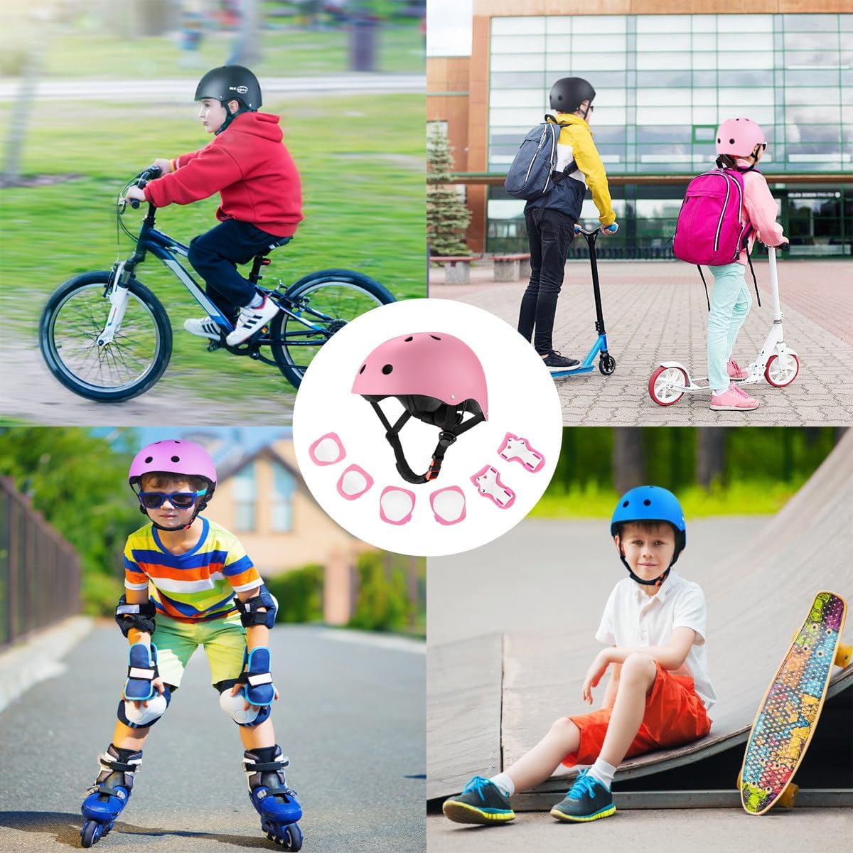 Kids Bike Helmet for Ages 2-14, Adjustable Safety Toddler Helmet with Protective Gear Set, Skateboard Scooter Helmets with Knee Elbow Pads Wrist Guards
