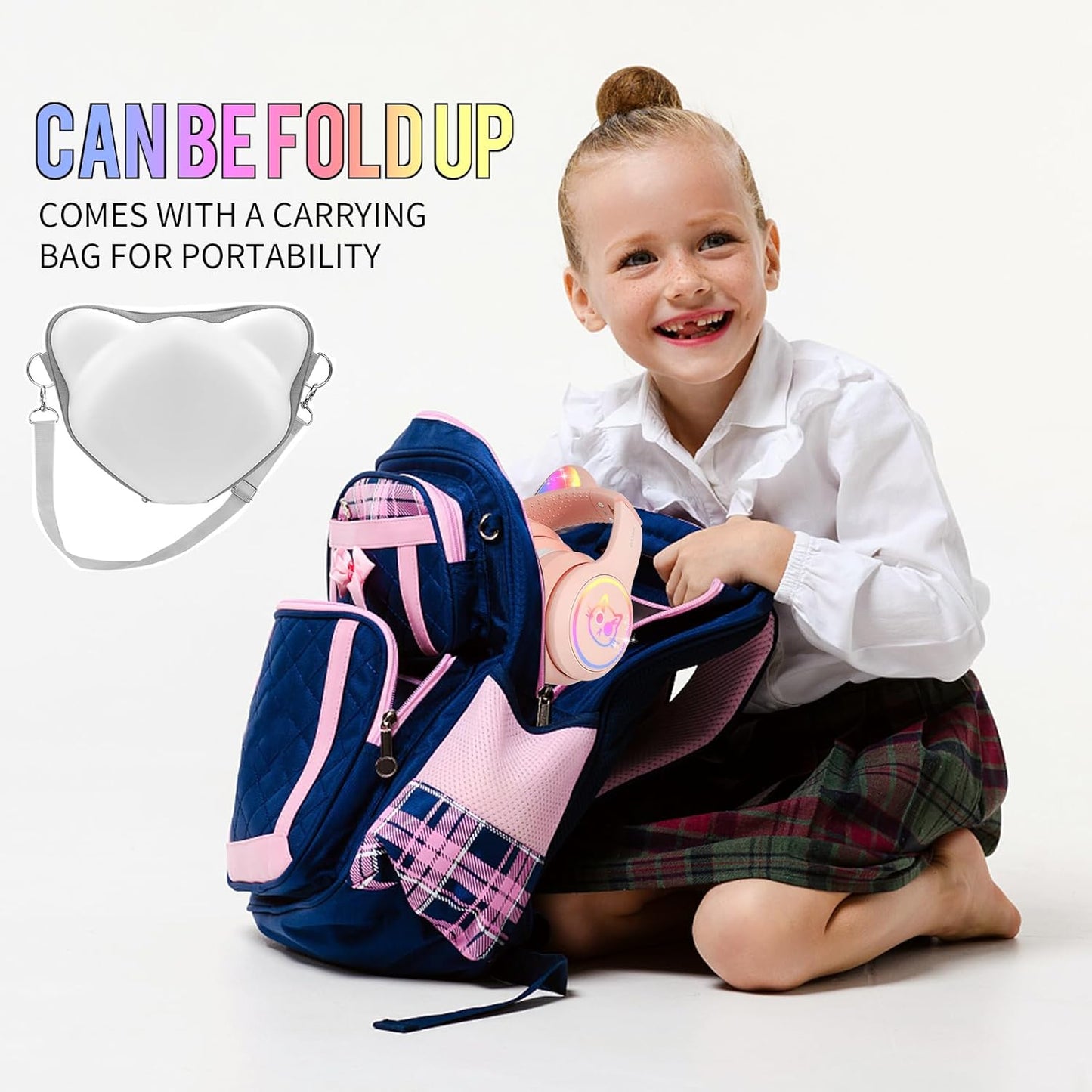 IFECCO Wireless Kids Headphones with Microphone,Foldable Cute Light Up Cat Ear Children Girls Bluetooth Headphones with Case for School Gifts Travel