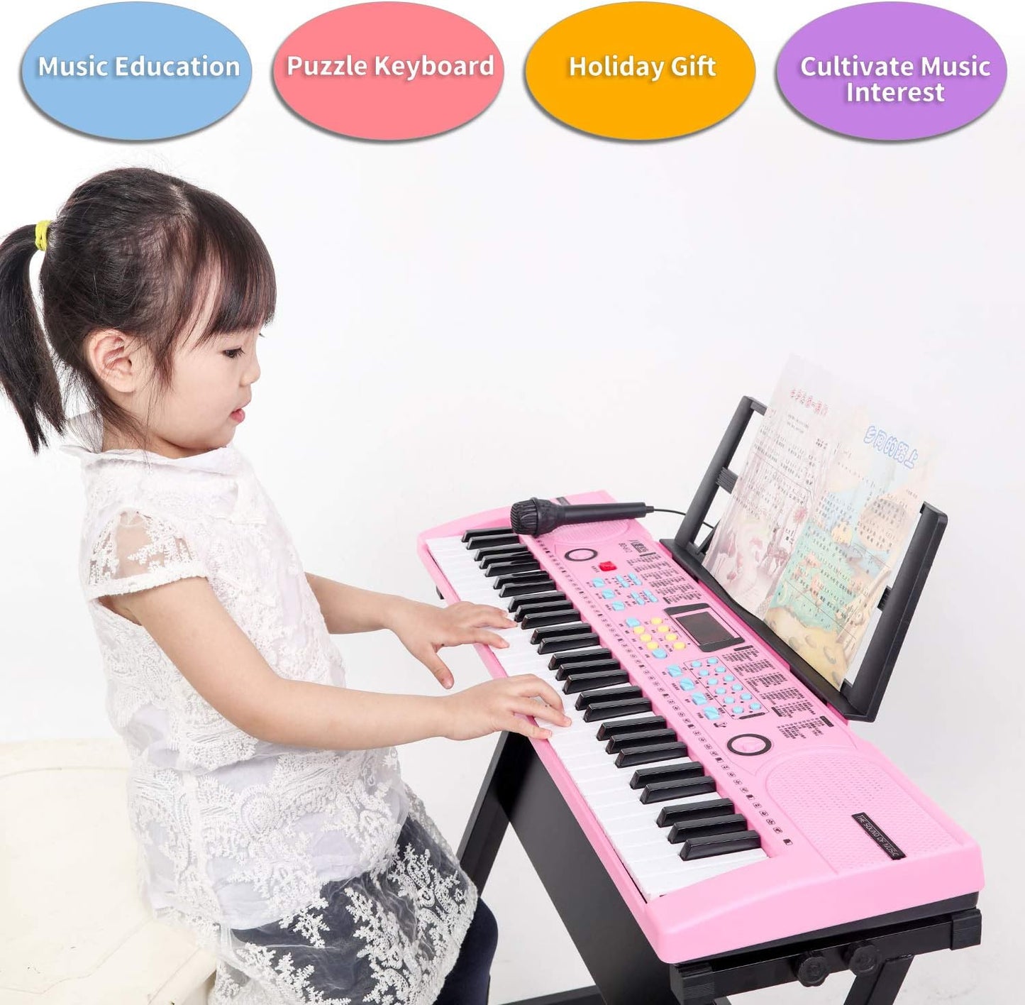 Hricane Piano Keyboard, 61 Keys Beginner Electronic Keyboard Portable Digital Music Keyboard, Early Education Music Instrument with Microphone & Music Sheet Stand