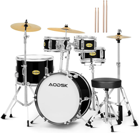AODSK Kid Drum Sets 5-Piece for Beginners, 14 inch Full Size Complete Drum Kit with Adjustable Throne, Cymbal, Hi-Hat, Pedal & Drumstick, Black