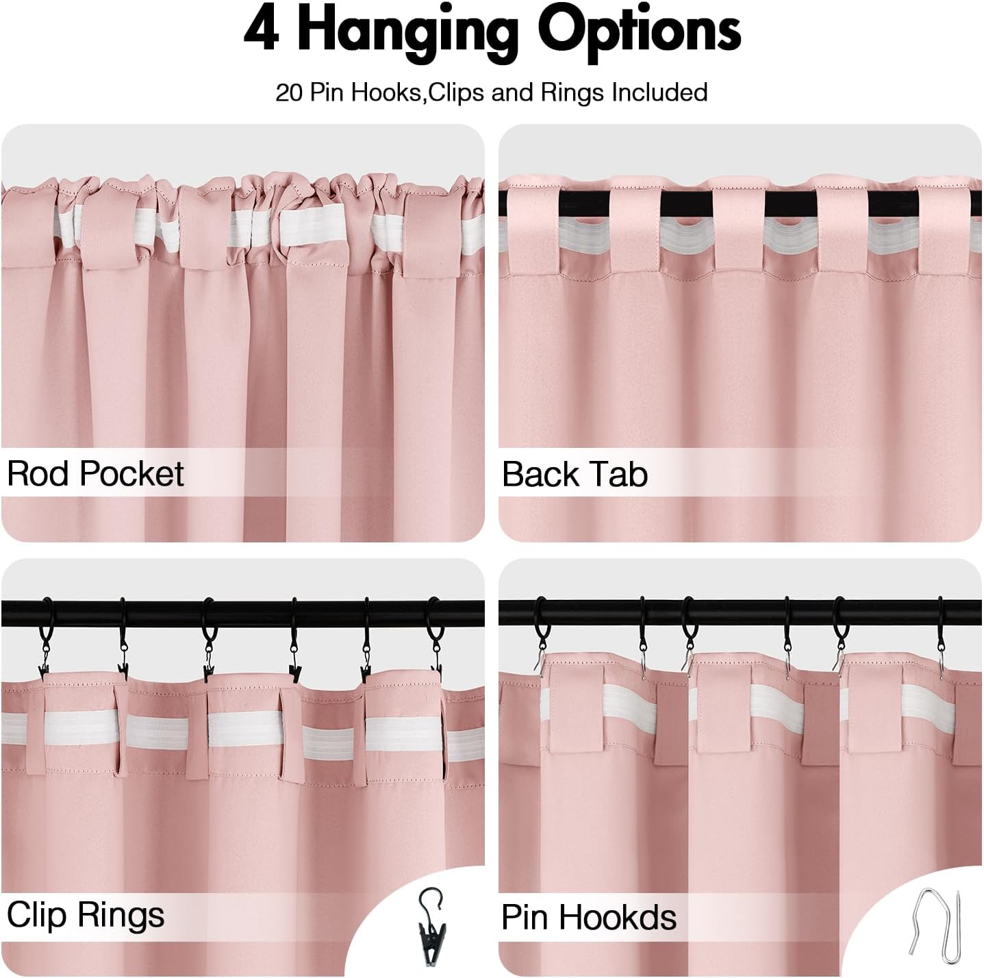 ANRODUO Light Pink Blackout Curtains for Girls Bedroom Living Room, Back Tab Rod Pocket Pinch Pleated Thermal Insulated Room Darkening Curtains 108 Inches Long 2 Panels, 52 x 108 Inch