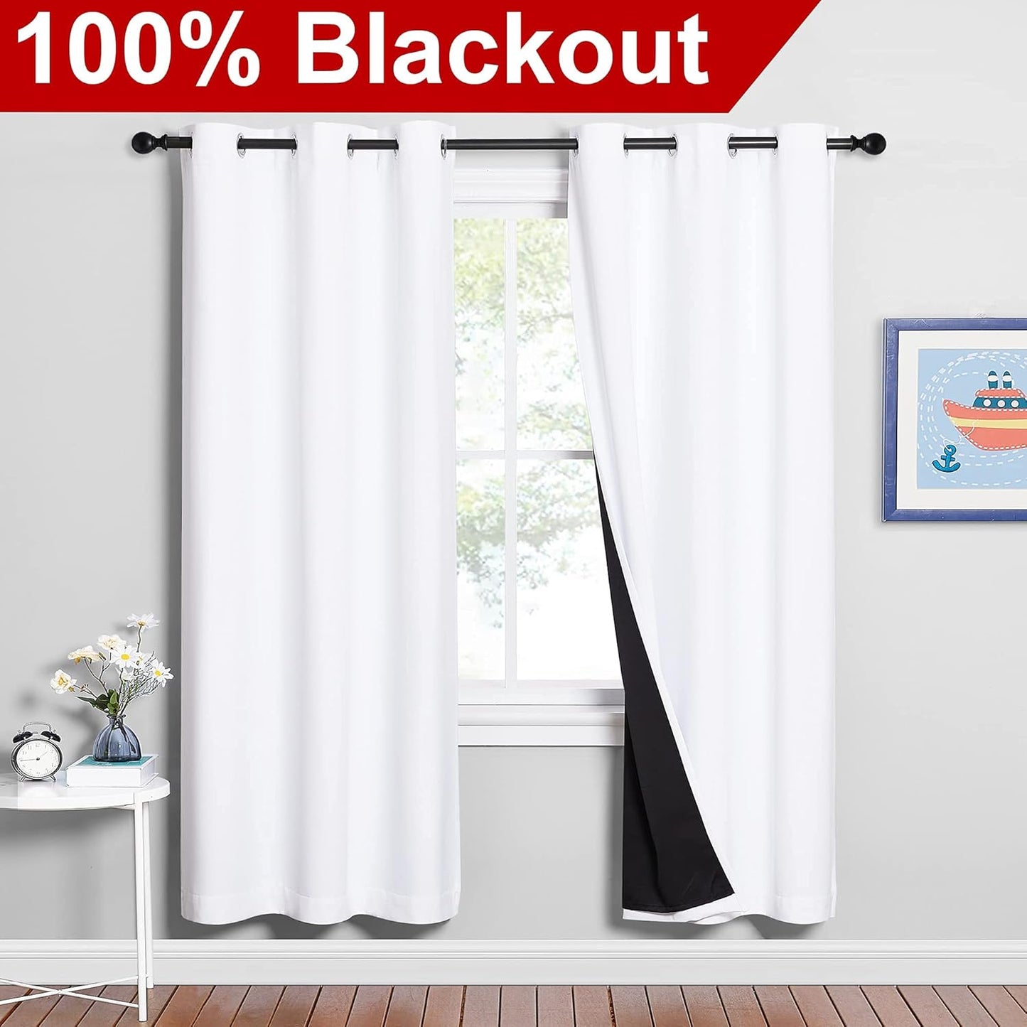 NICETOWN 100% Blackout Window Curtain Panels, Full Light Blocking Drapes with Black Liner for Nursery, 72-inch Drop Thermal Insulated Draperies (White, 2 Pieces, 42-inch Wide Per Panel)