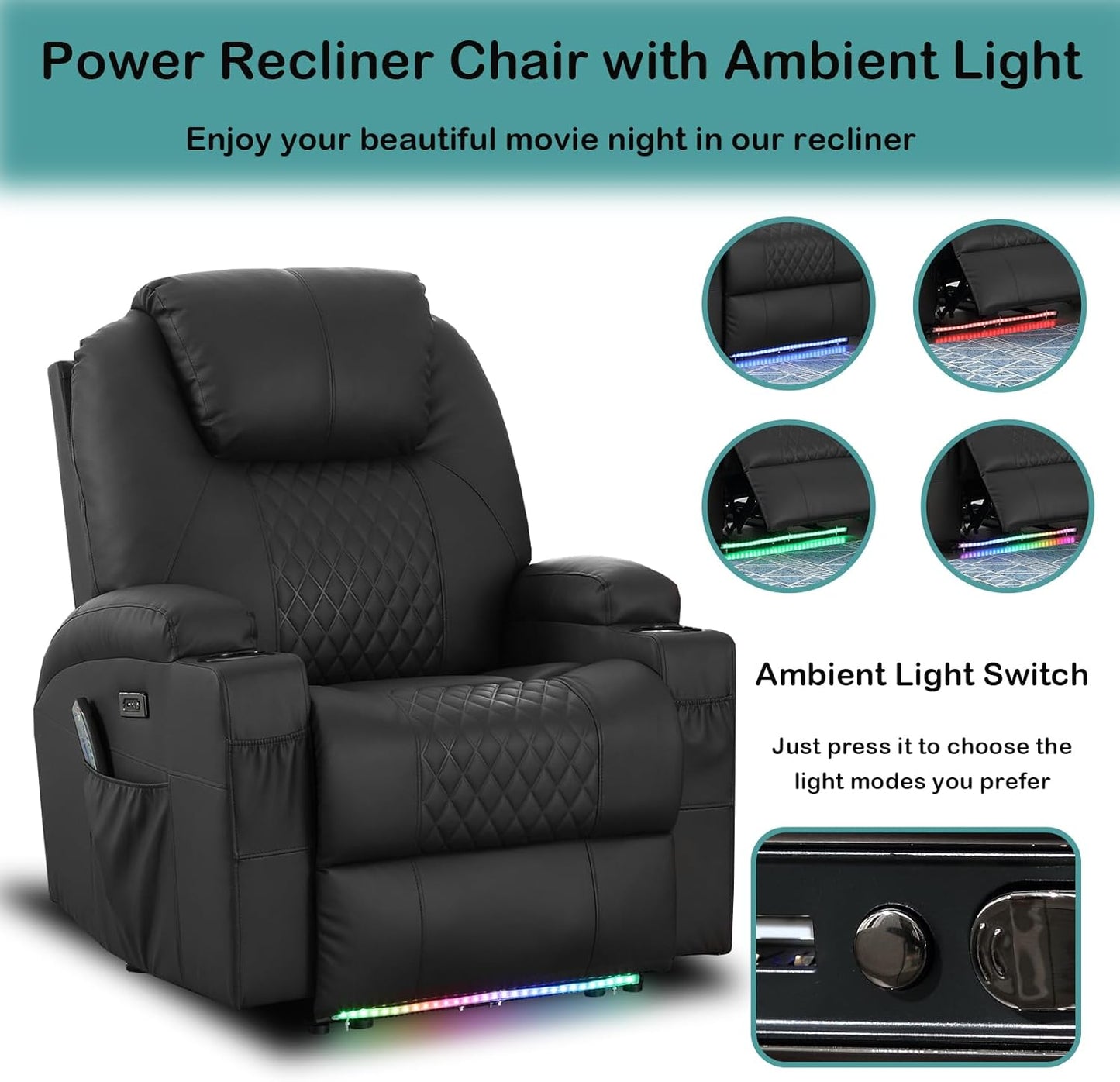 Power Recliner Chair with Heat and Massage for Adults - Home Theater Seating with LED Lights,Cup Holders,Side Pocket,USB Port - Recliner Sofa for Living Room(Black, Set of 2)