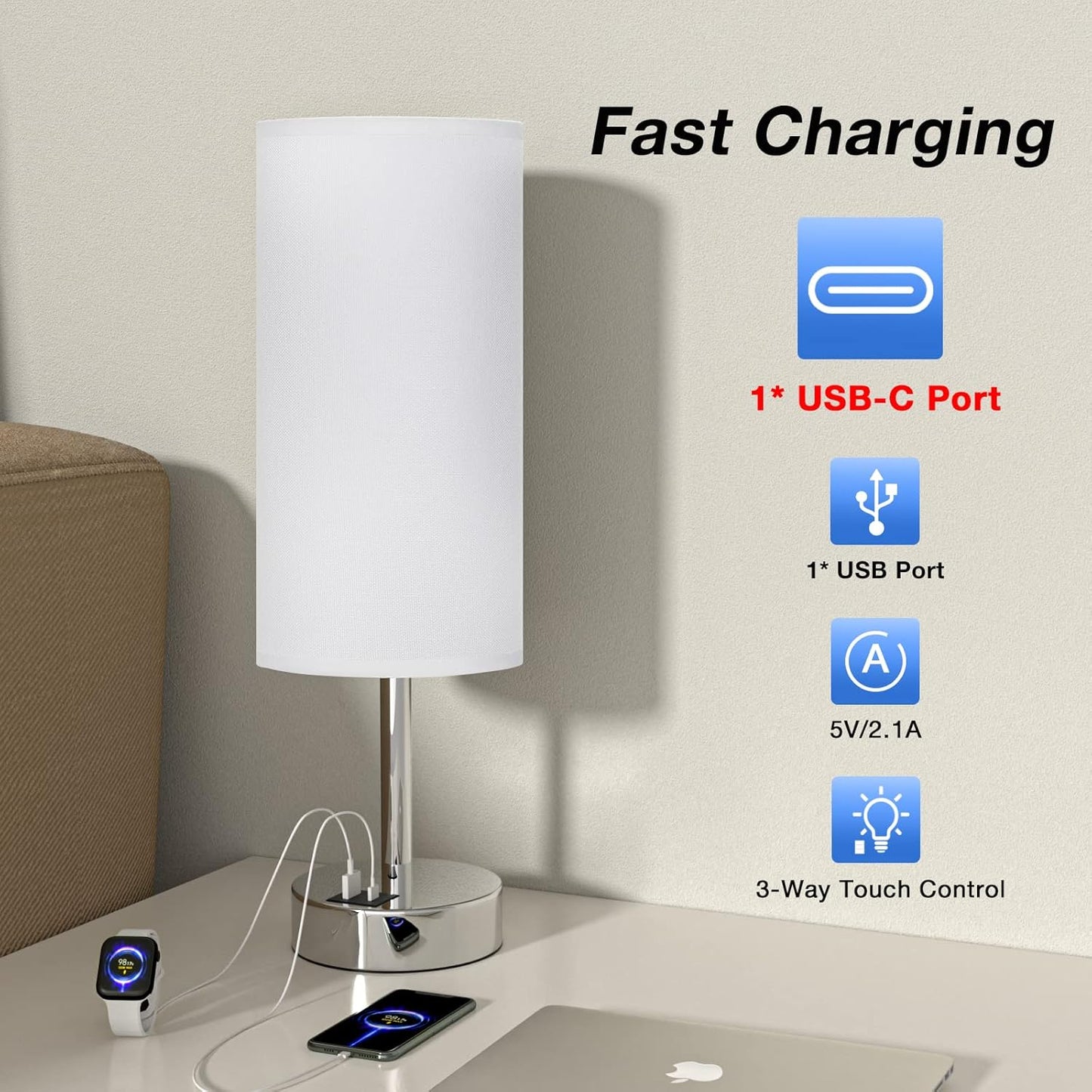 White Bedside Touch Table Lamps for Bedroom Nightstand with USB-C USB-A Charging Ports White, 3 Way Dimmable Control Small Lamp Silver Base for Office, Living Room, Reading