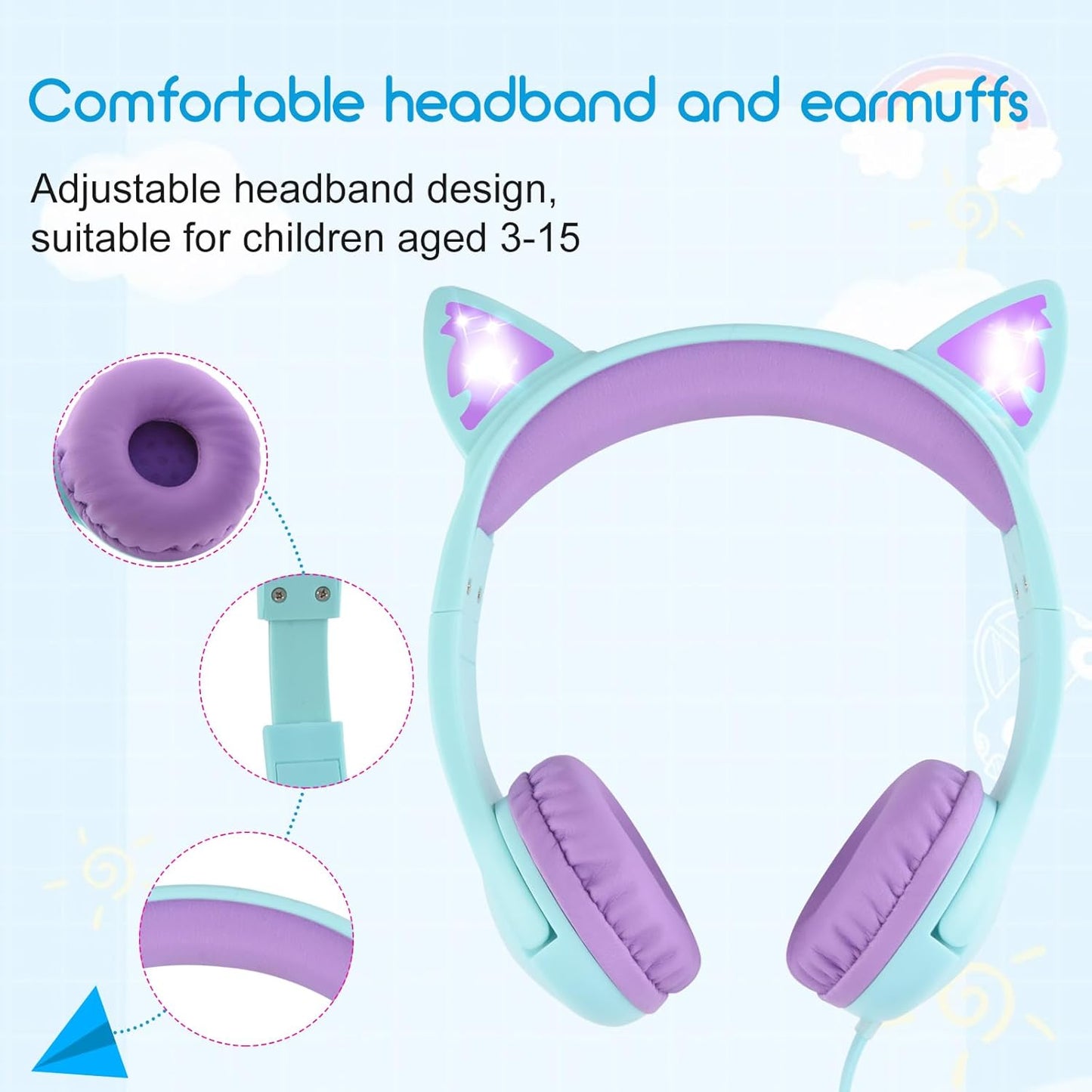 Olyre Kids Headphones with MIC for School, 85dB Safe Volume Limited Light Up Cat Ear Headphones,Wired Cord On-Ear Headset for Children/Boys/Girls/Travel-Green/Purple