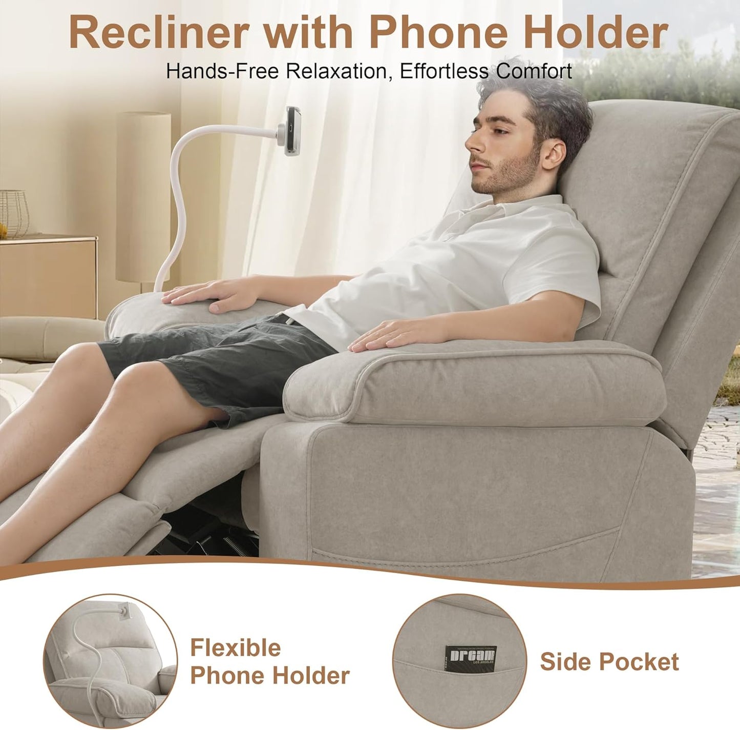 Rocking Chair Nursery Swivel Rocker Recliner with Phone Holder,Nursing Chair for Breastfeeding with Foot Rest,Beige