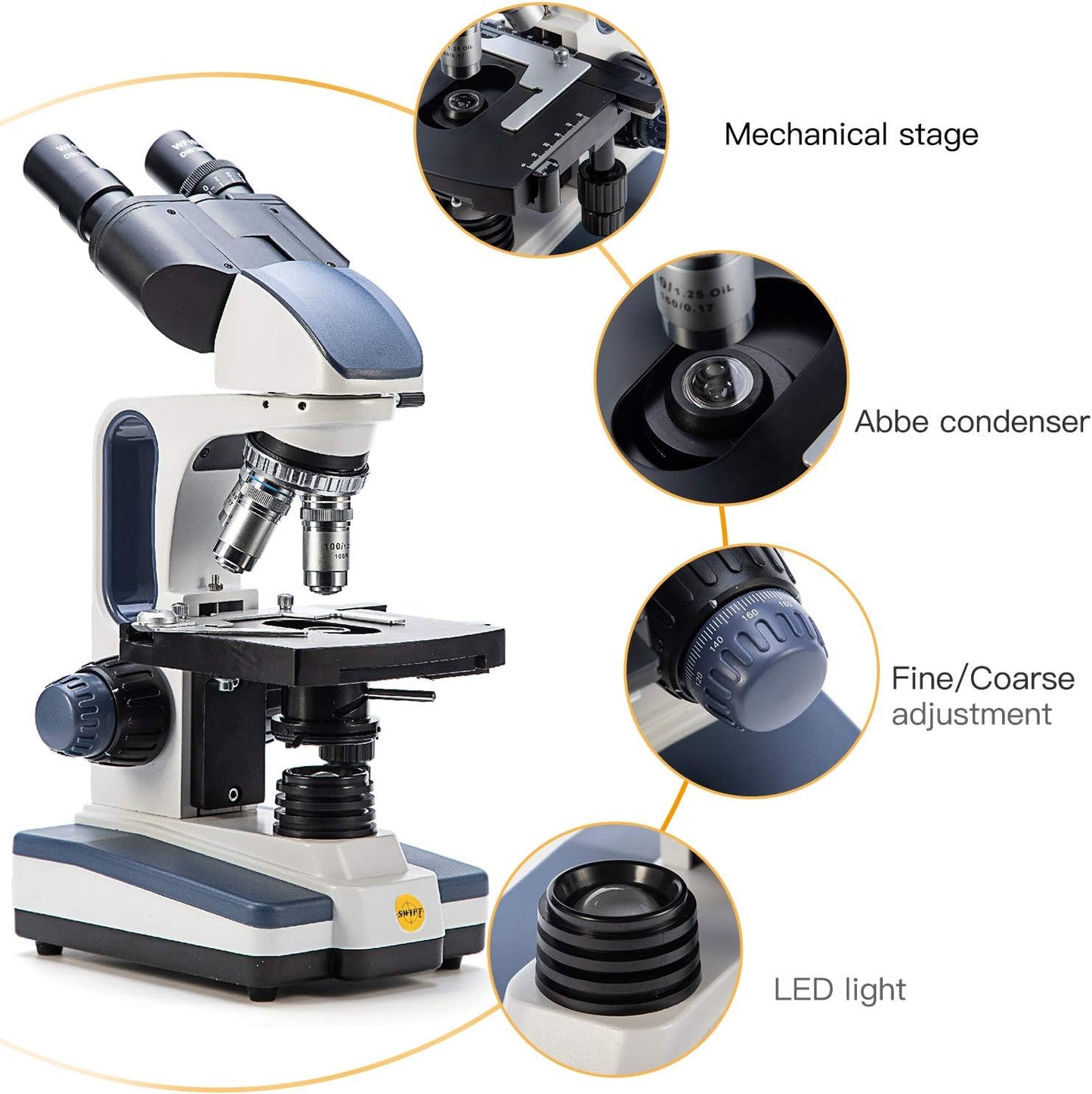Swift Binocular Compound Microscope SW350B, 40X-2500X Magnification,Siedentopf Head,Research-Grade,Two-Layer Mechanical Stage,1.3mp Camera and Software Windows and Mac Compatible
