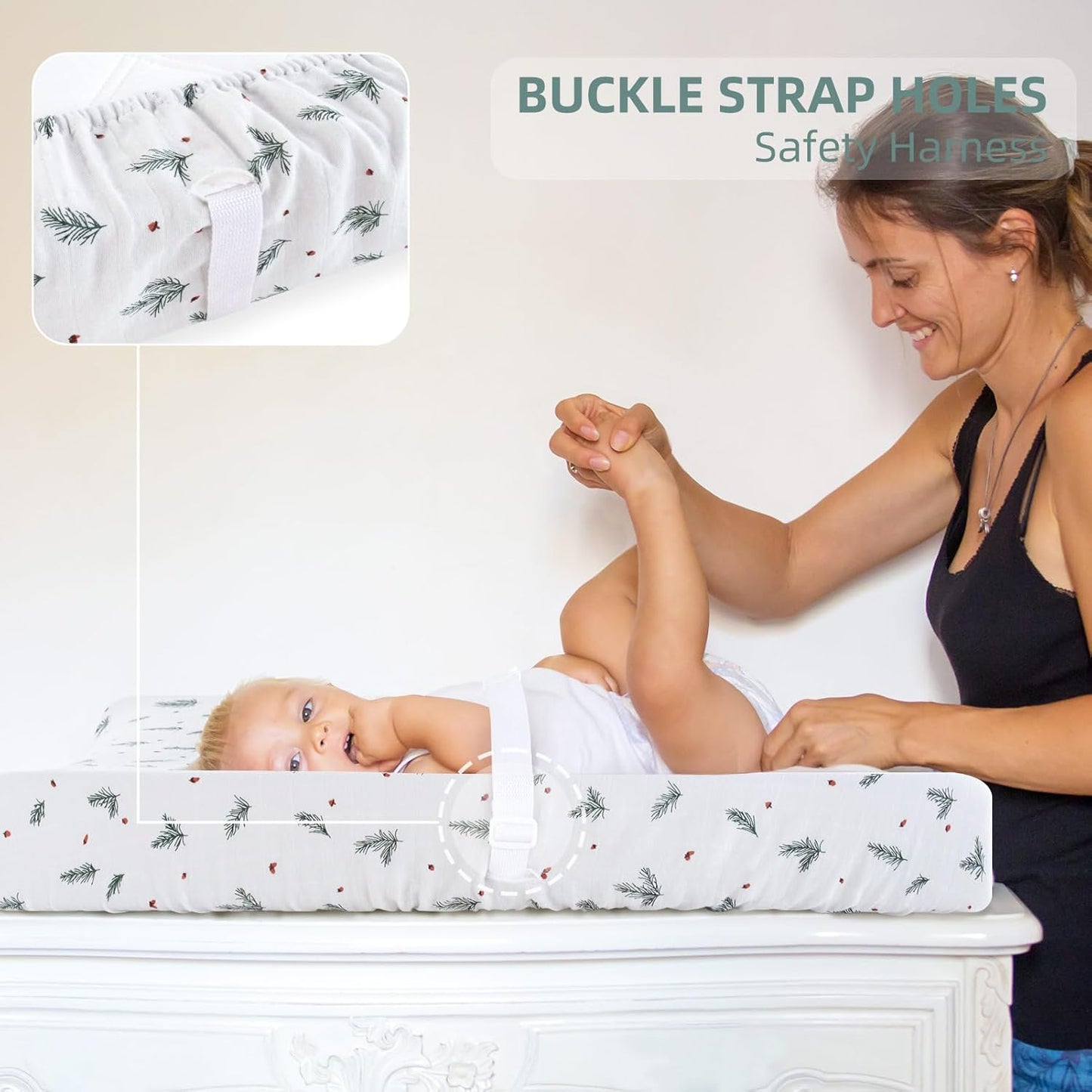 LifeTree 2 Pack Changing Pad Cover Unisex - Soft Muslin Fitted Changing Table Sheets - 16"x32" Organic Cotton - Pine Needles and Roman Green