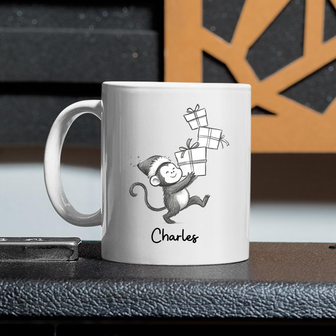 Personalized Monkey Accent Coffee Mug Gift For Dad Mom Daughter Son, Monkey Ceramic Coffee Cup 11Oz 15Oz, Customized Name Monkeys Teacup Gift For Birthday Christmas, Monkeys Lover White Travel Mug