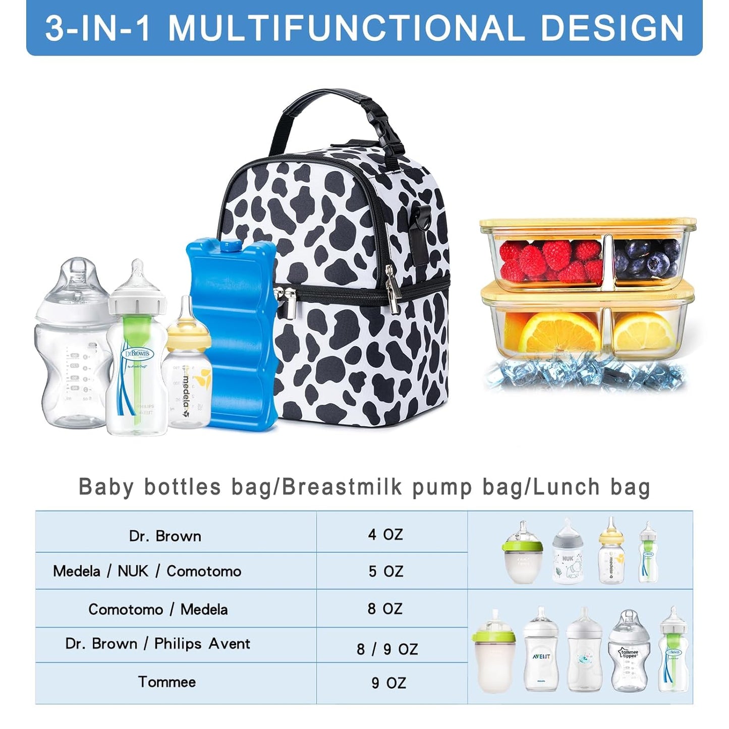 Breastmilk Cooler Bag with Ice Pack Fits 6 Baby Bottles up to 9 Ounce, Breast Milk Pump Cooler Bag with Shoulder Strap for Nursing Mom Daycare, Work, Travel