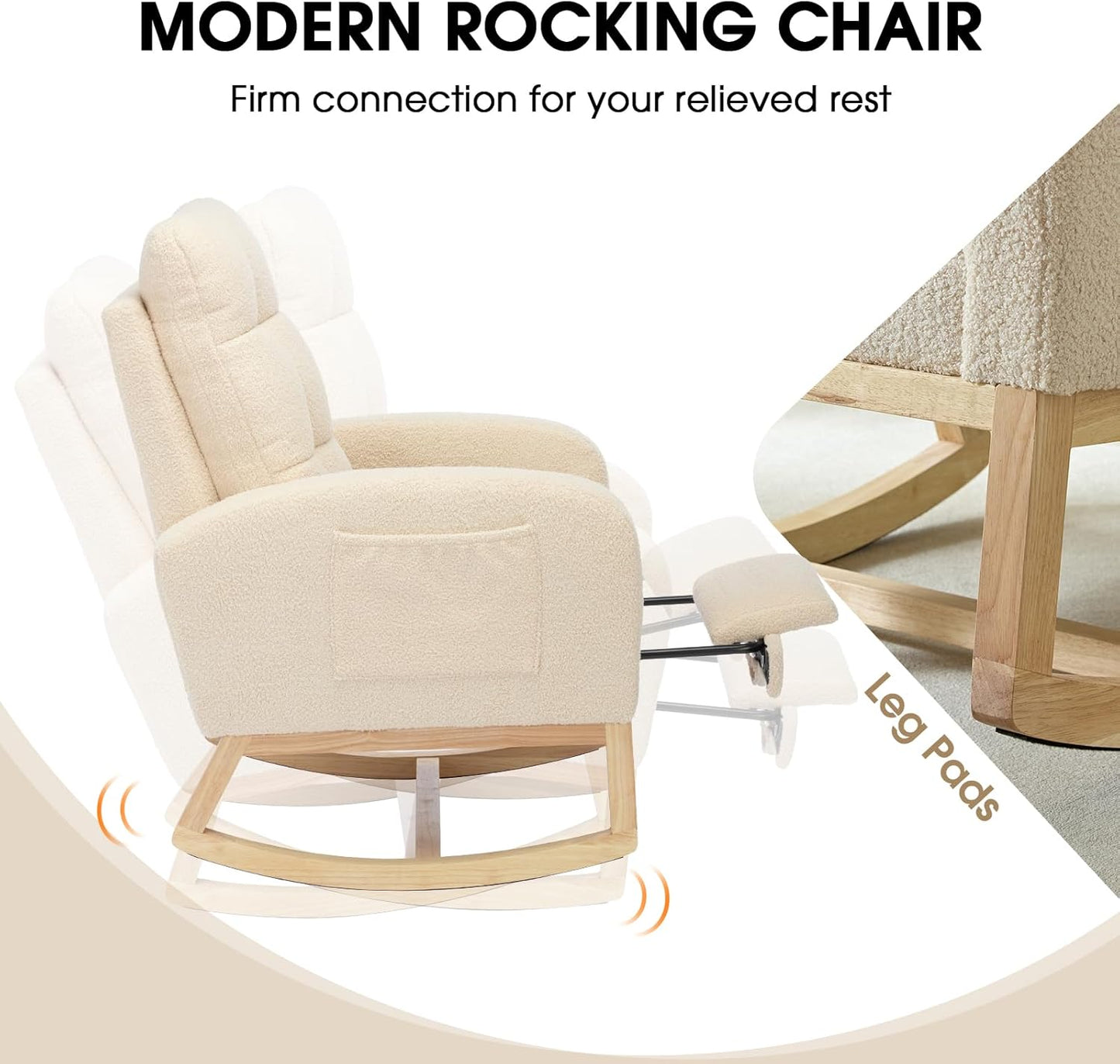 NIOIIKIT Modern Nursery Rocking Chair, Teddy Upholstered Rocking Chair with Footrest, Comfortable Rocker Recliner with Side Pocket, Rocker Glider for Living Room, Bedroom, Nursing Room (Apricot)