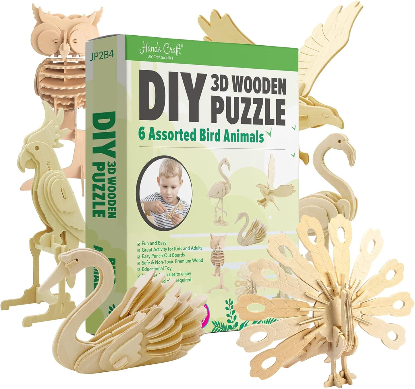 Hands Craft DIY 3D Wooden Puzzle – 6 Assorted Bird Animals Bundle Pack Set Brain Teaser Puzzles Educational STEM Toy Adults and Kids to Build Safe and Non-Toxic Easy Punch Out Premium Wood JP2B4