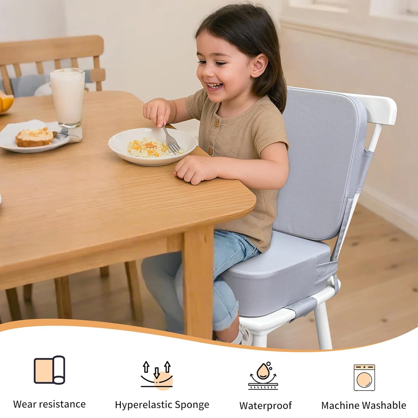 Toddler Booster Seat for Dining Table with Backrest and Adjustable Straps, Waterproof Oxford Foam Cushion with Non-Slip Bottom, Portable Chair Booster for Kitchen Use (Grey)
