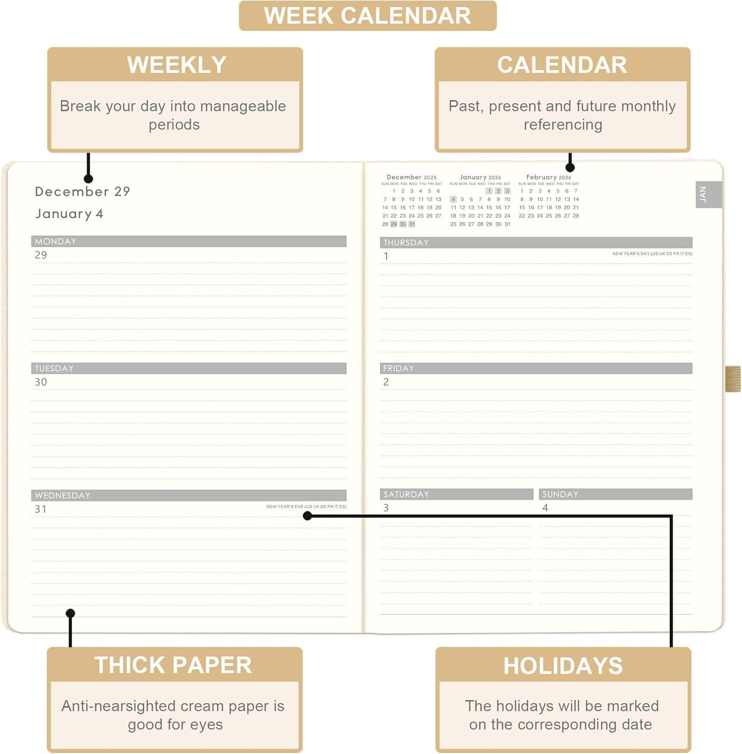 2026 Planner - JAN 2026 - DEC 2026, Planner 2026, Weekly and Monthly Planners, Leather Cover Planners with Thick Paper, Back Pocket with Notes Pages, Seashell Gold (8.5" x 11")
